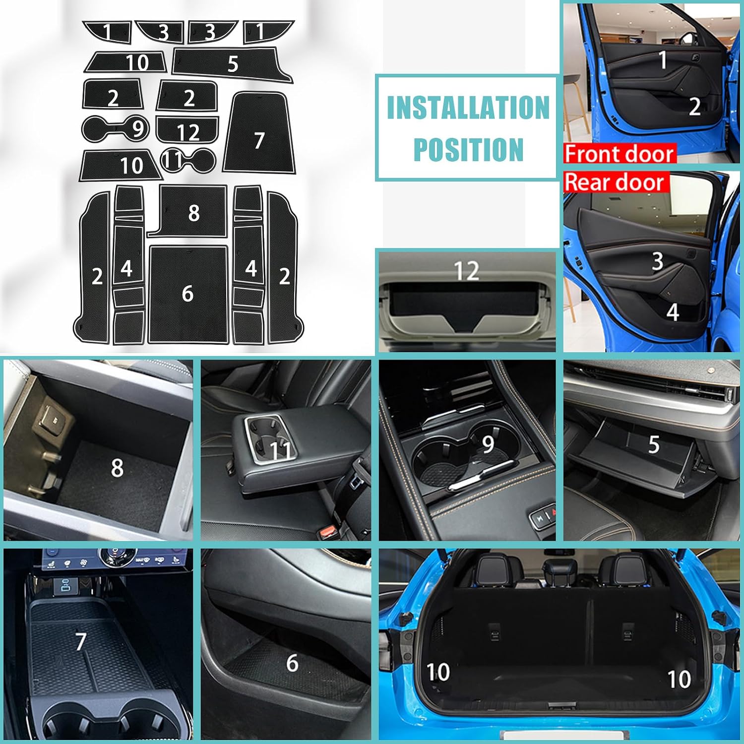 BestEvMod Compatible with Mach E Accessories 2021-2024 PVC Interior Anti Dust Cup Holder Inserts Center Console Liner Mats 18-pcs Set (V3 Fluorescent White)