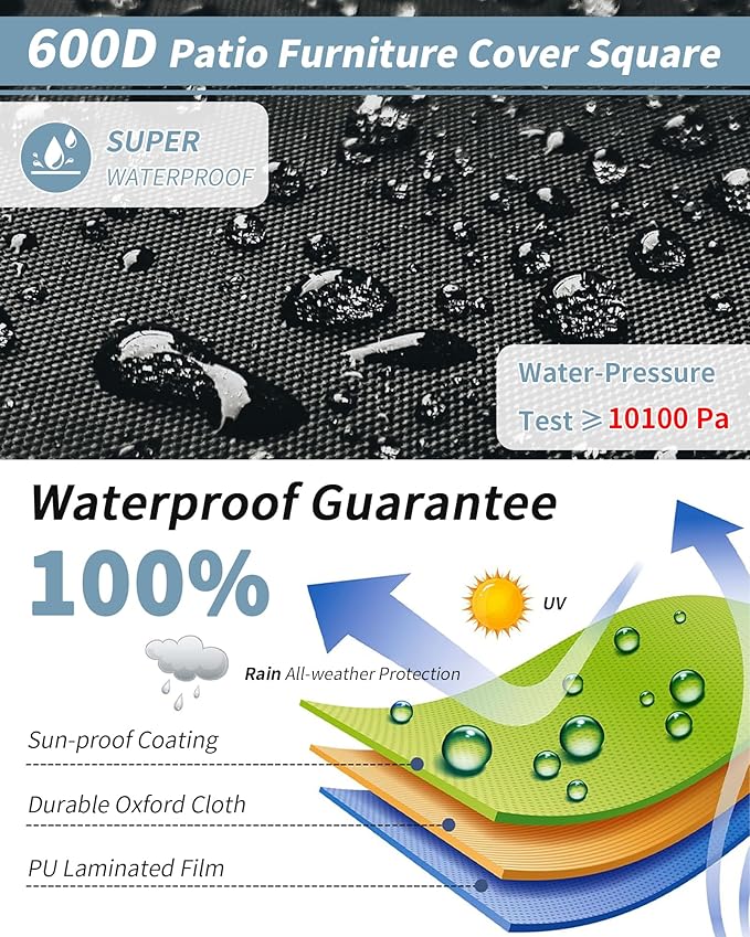 Outdoor Waterproof Furniture Cover, 62W x 62L x 28H inches Heavy Duty 600D - Image 4