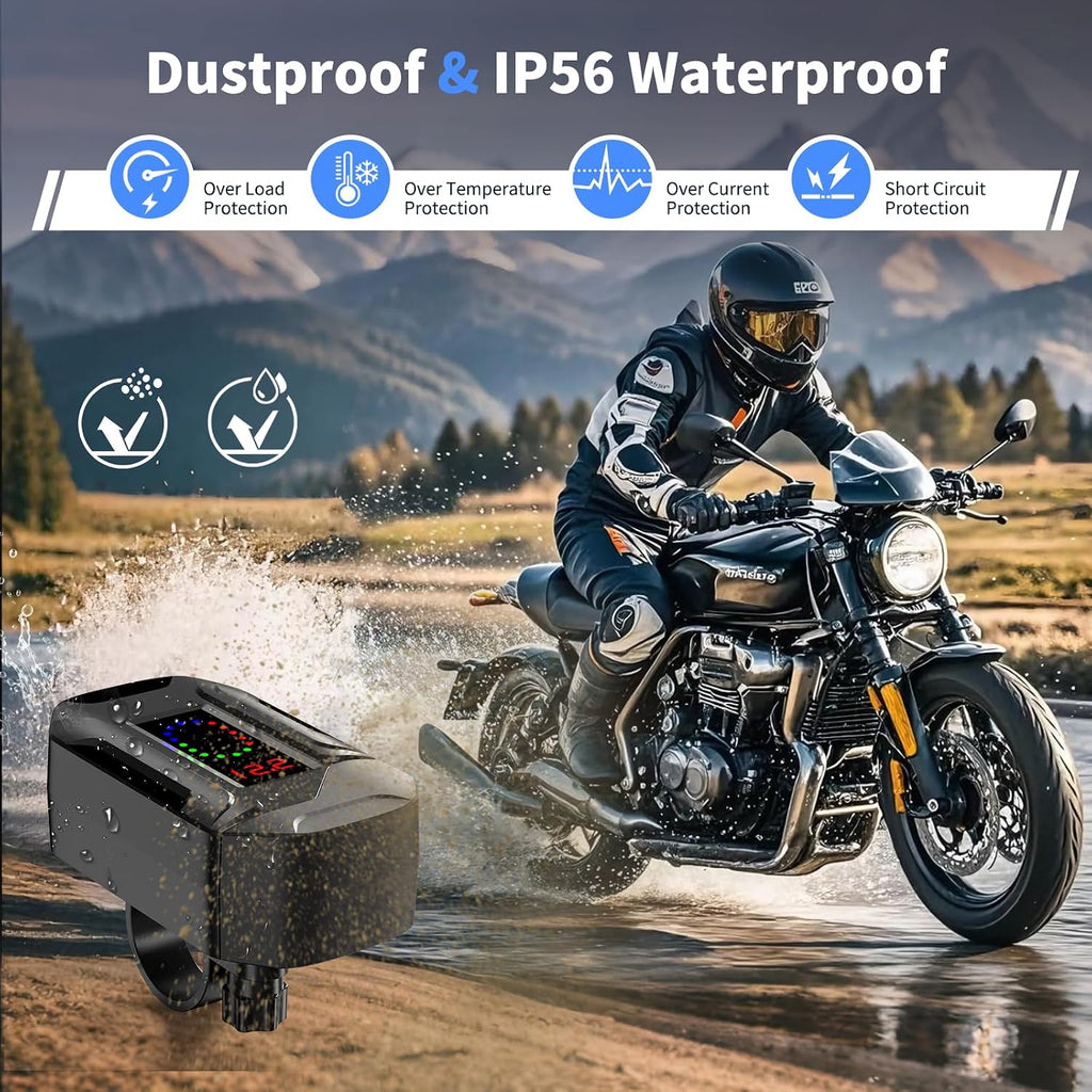 Motorcycle USB Charger, 3-in-1 Fast Charging with USB-A & USB-C + Retractable Type-C Cable, 12–24V Waterproof IP56, LED Voltmeter, Handlebar & Mirror Mount for Motorbike ATV