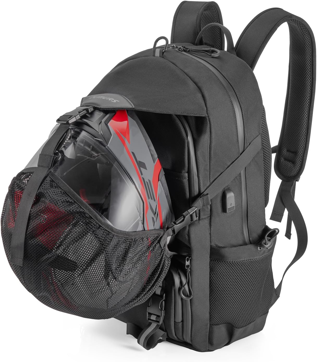Oumurs Motorcycle Helmet Backpack 50L, Expandable Helmet Bag with Rain Cover, Water-Resistant Black 1680D Oxford Fabric, USB Port, Helmet Strap, Large Capacity for Motorbike Travel & Commuting