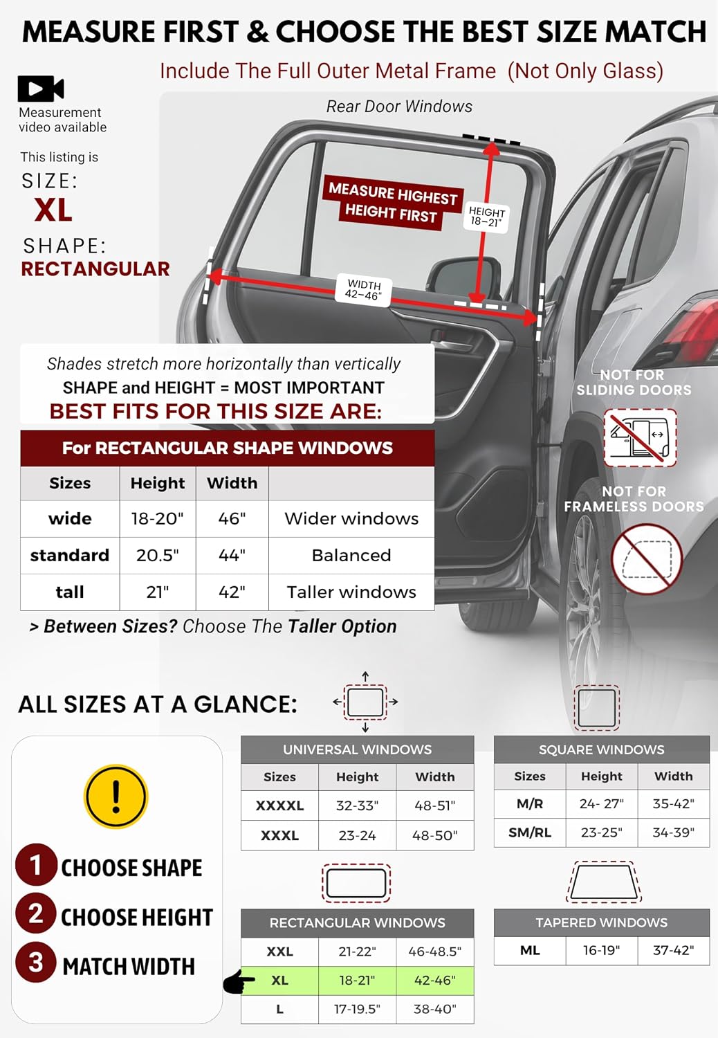 XL/Car Side Window Shades for SUV. 8 Sizes/2 Pack. Stretch-to-Fit Mesh for Rear Windows Up to H:20" x W:46". Sun, Heat & Bugs Protection, Blocks 96% UVA. Camping Windows Screens | Qualizzi®