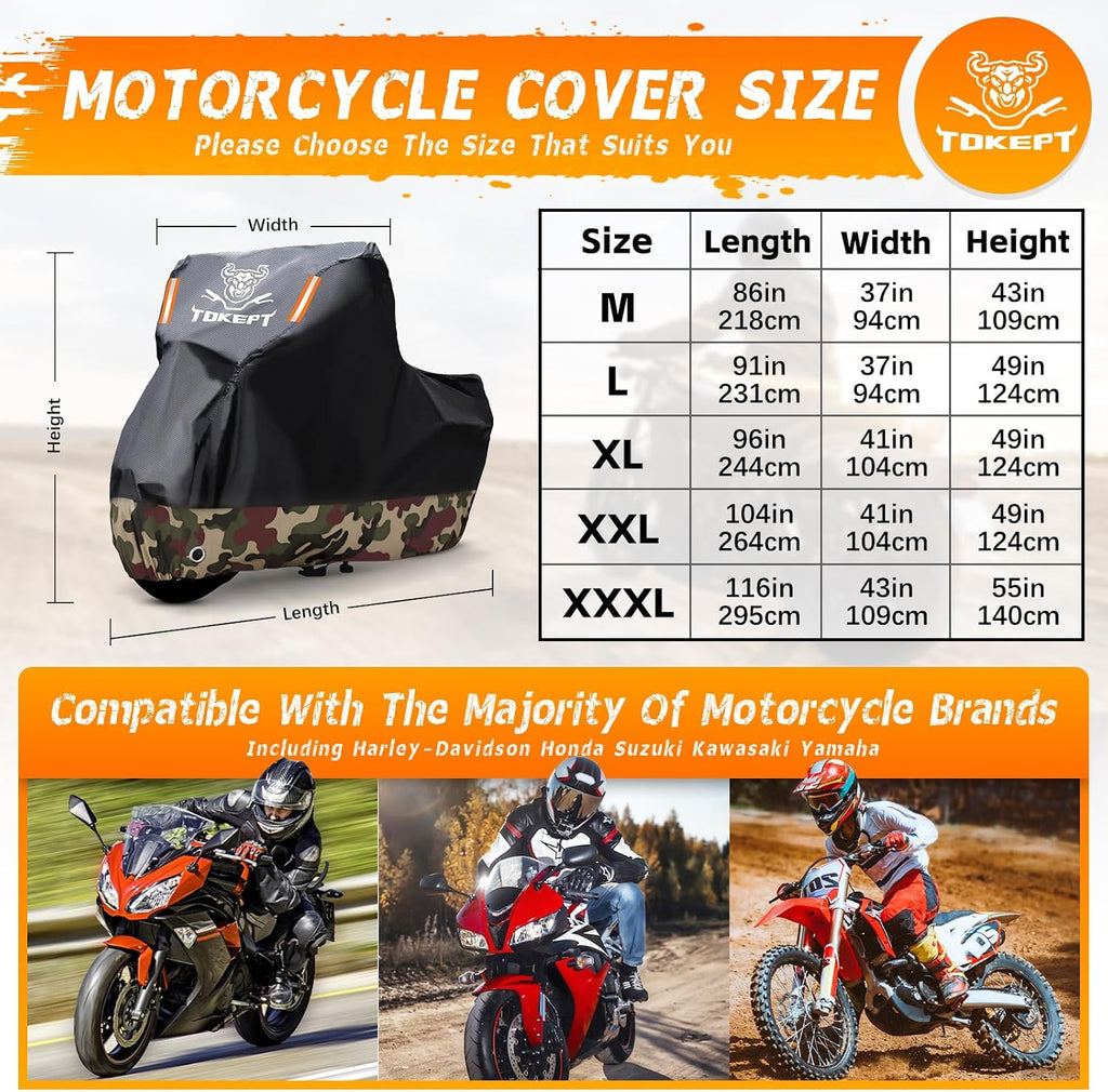 Motorcycle Cover Waterproof Outdoor All Season Weather Sun Rain Protection with Lock-Holes, Night Reflective & Storage Bag Fits up to 96" Motorcycles Powersports Vehicle Cover