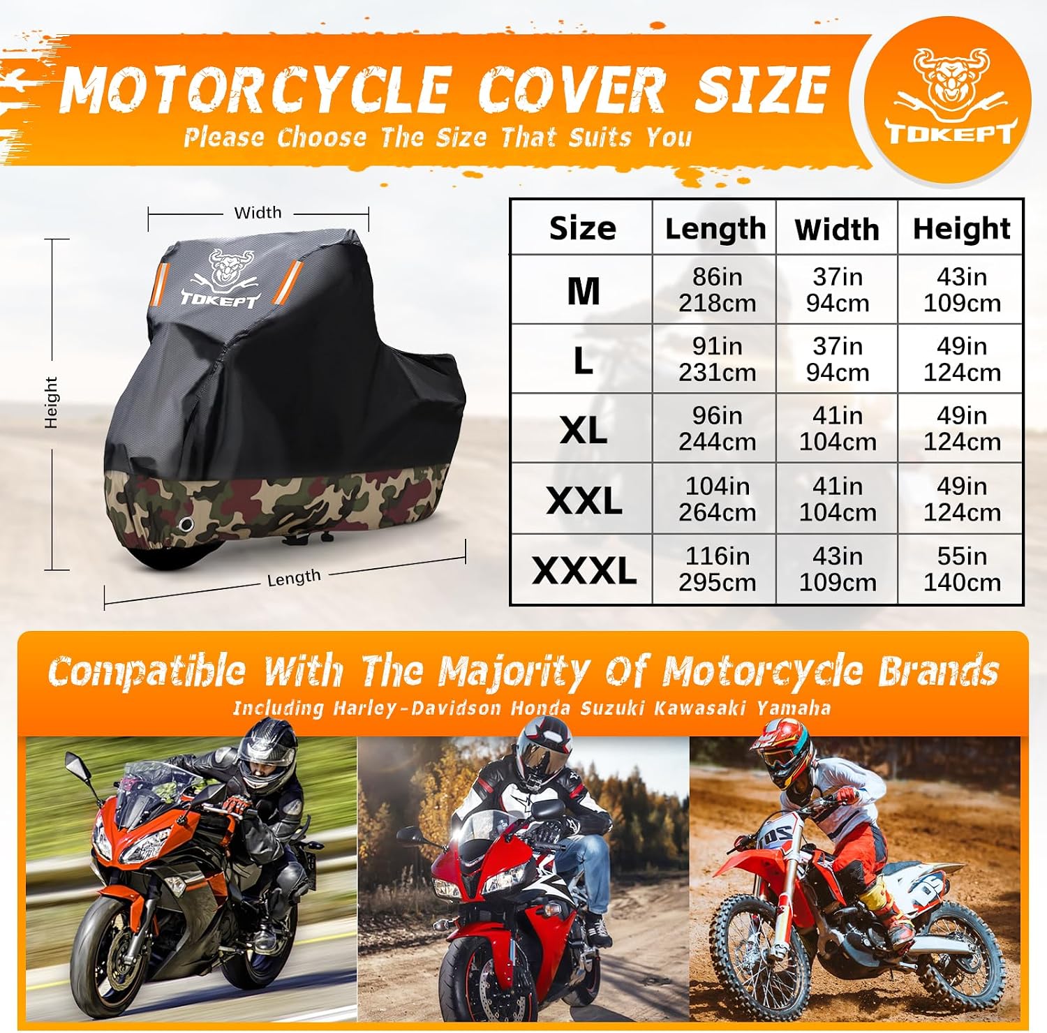 Motorcycle Cover Waterproof Outdoor All Season Weather Sun Rain Protection with Lock-Holes, Night Reflective & Storage Bag Fits up to 96" Motorcycles Powersports Vehicle Cover