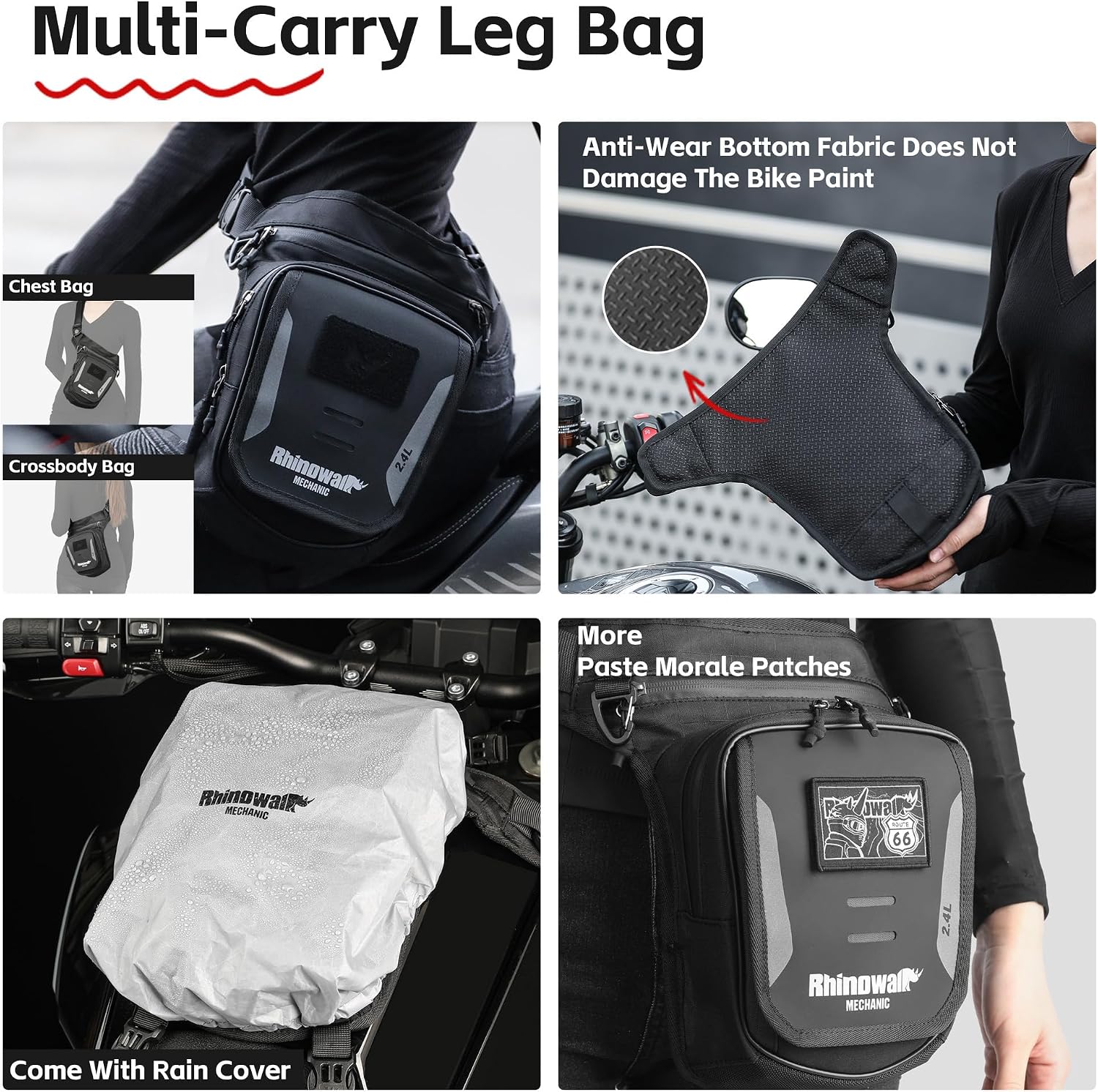 Rhinowalk Motorcycle Fuel Tank Bag, Magnetic Quick Release, Black, One Size, Leg Bag, Waist Pack