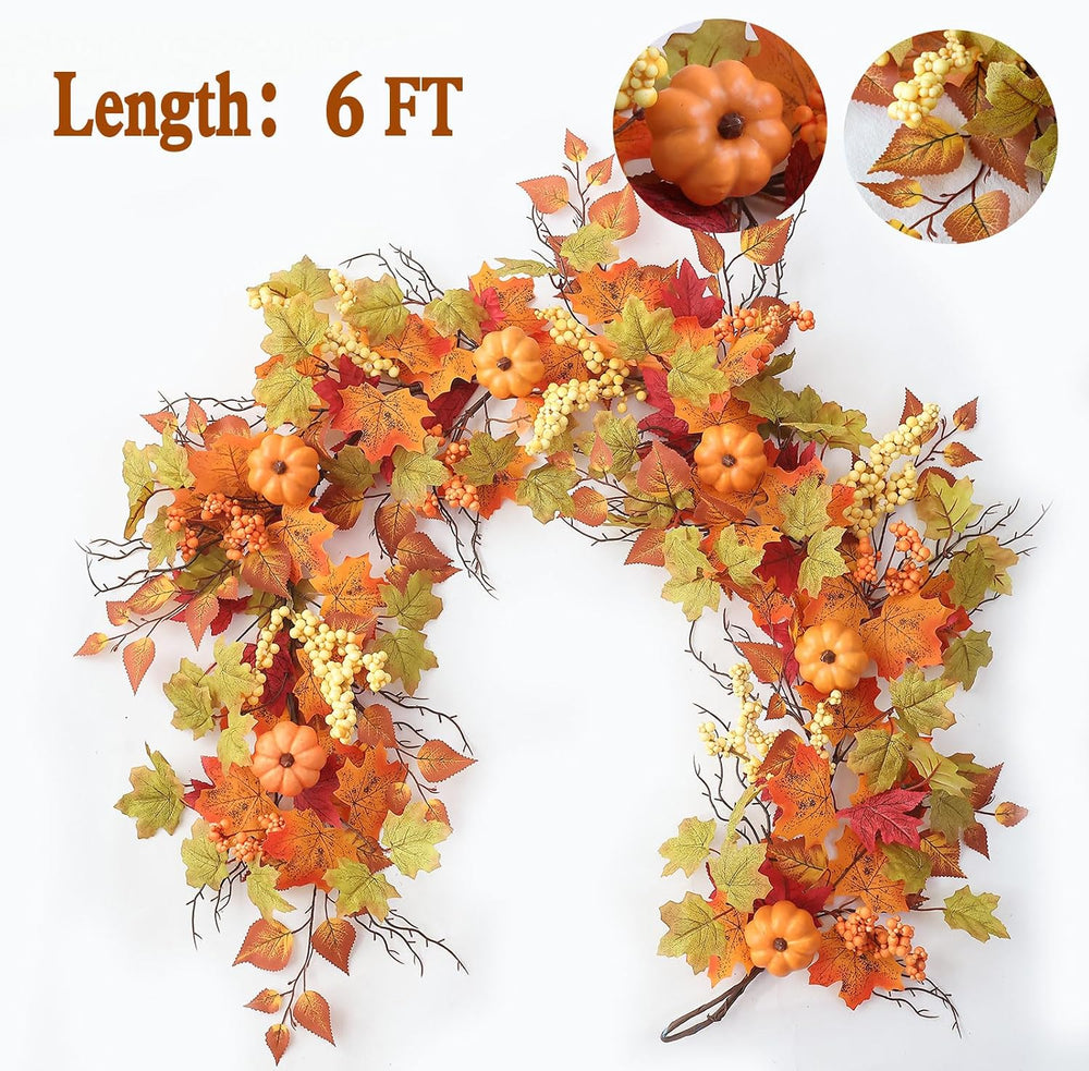 MIZII Fall Decor Artificial Maples Leaf Pumpkin Garland 6FT Autumn Maple Vine...