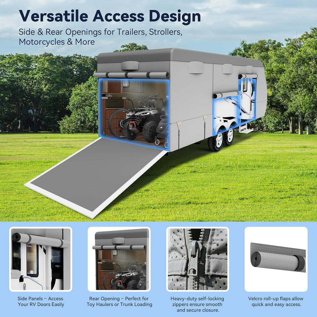 Heavy Duty Travel Trailer RV Cover 24-27ft, Rv Trailer Cover 8 Layers Breathable Waterproof Rip-Stop Camper Cover with Adhesive Repair Patches, Gutter, Tire & Additional Straps
