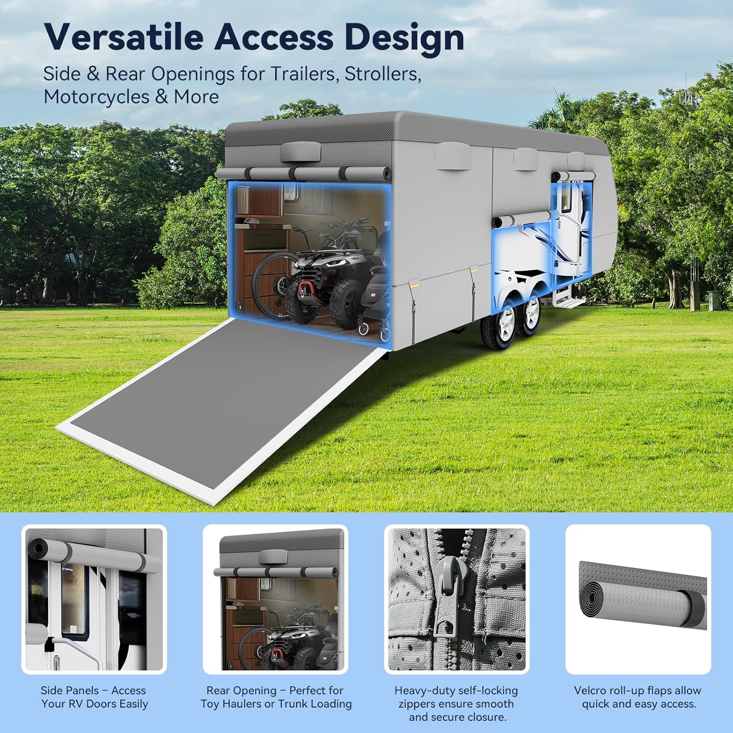 Heavy Duty Travel Trailer RV Cover 24-27ft, Rv Trailer Cover 8 Layers Breathable Waterproof Rip-Stop Camper Cover with Adhesive Repair Patches, Gutter, Tire & Additional Straps