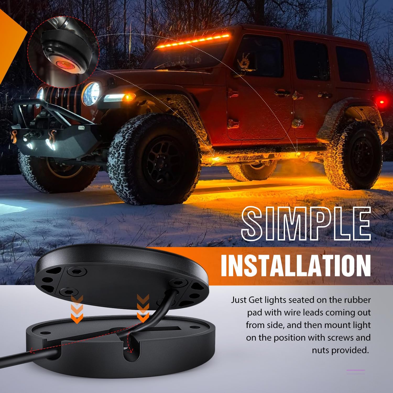 Nilight LED Rock Light 4PCS Amber Underglow Wheel Well Fender Pods Waterproof Exterior Underbody Roof Rack Side Lamps for 12V 24V Car Truck Pickups ATV UTV SUV Motorcycle Boat