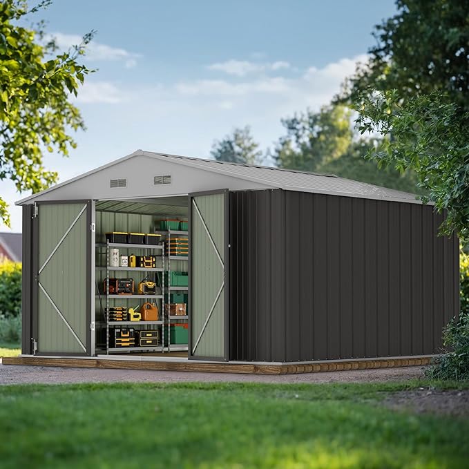 JUMMICO 10 x 10 FT Outdoor Storage Shed, Large Metal Garden Shed & Tool Sheds by JUMMICO