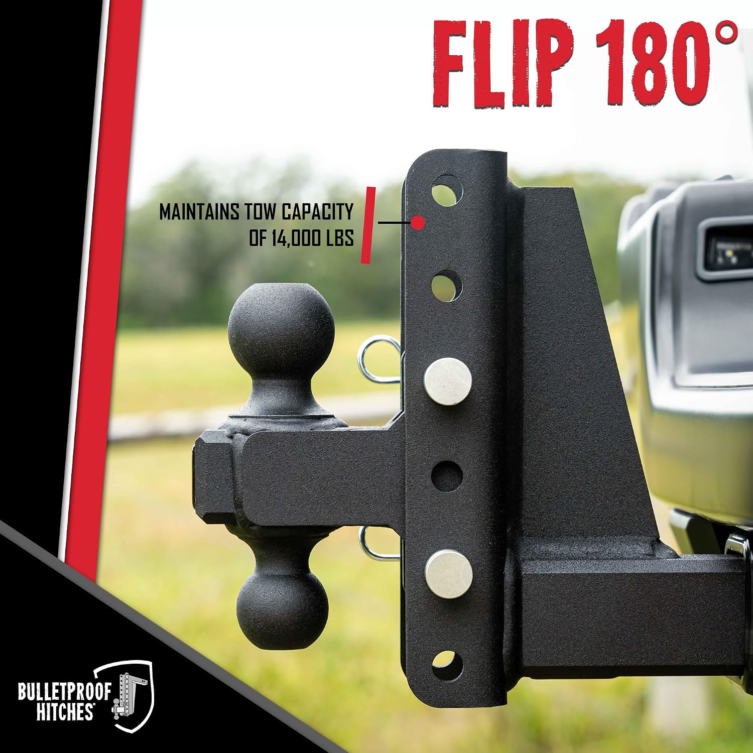 BulletProof Hitches - 2.5" Adjustable Medium Duty Trailer Hitch (14,000 lb. Rating) - 6" Drop/Rise Trailer Hitch with 2" & 2-5/16" Dual Ball - Powder Coat, Box Steel, Corrosion-Resistant