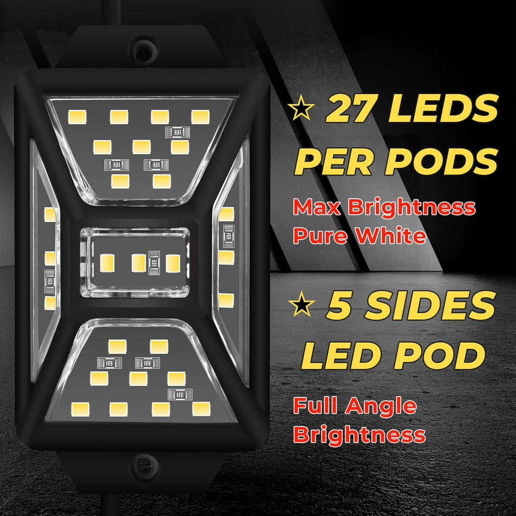 8 Pods Pure White Rock Lights with 2 Pack Connectors Extension Wires,Waterproof Rock Lights Compatible with Trucks Jeep UTV SUV ATV Boat Golf Cart, Mess Free Two-Path Wiring Underglow Kits(Patented)