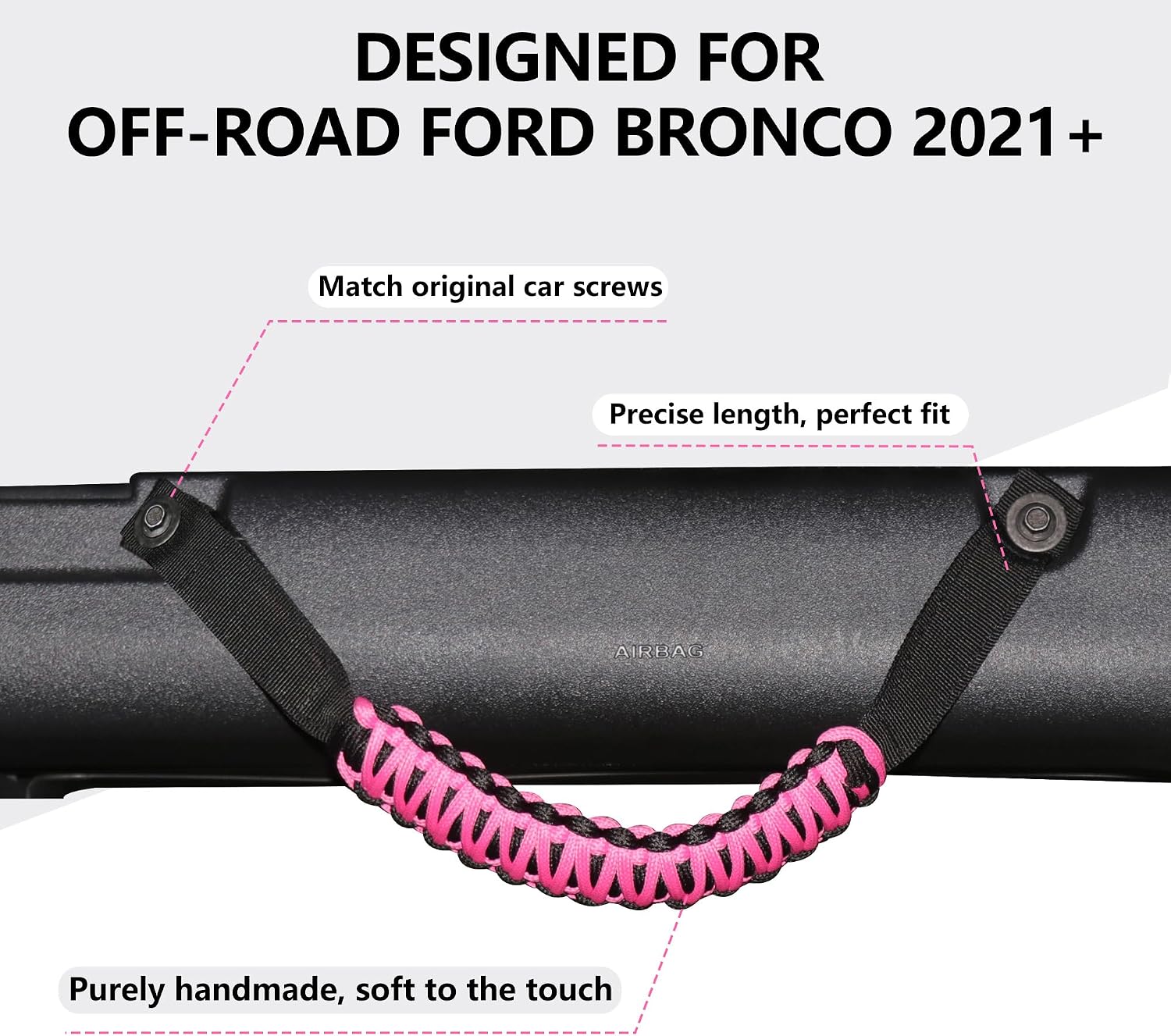 sukemichi for Bronco Grab Handles, Paracord Roll Bar Grab Handles for 2021 2022 2023 2024 2025 2026 Ford Bronco Accessories 4 Door 2 Door, Pink, 4 Pack