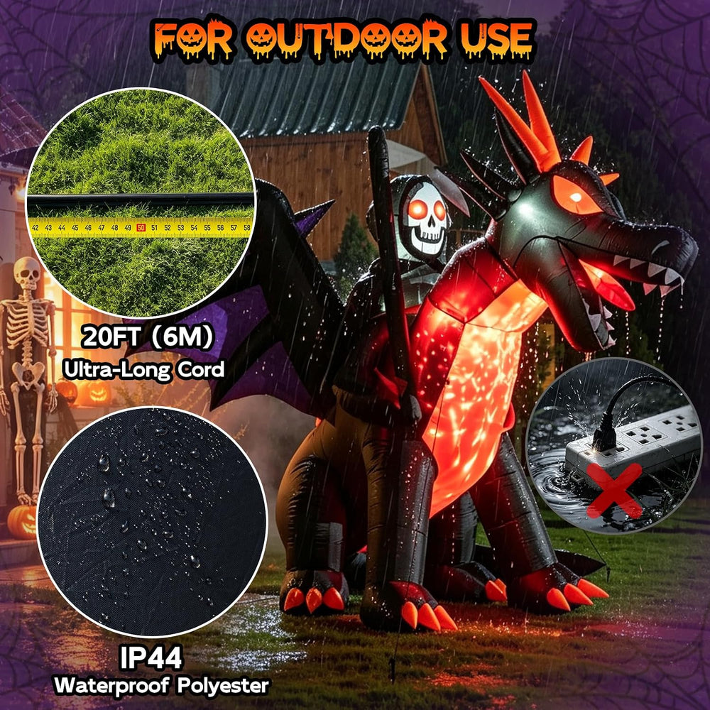 11.5FT Long Animated Dragon & Grim Reaper Halloween Inflatable, Moving Head