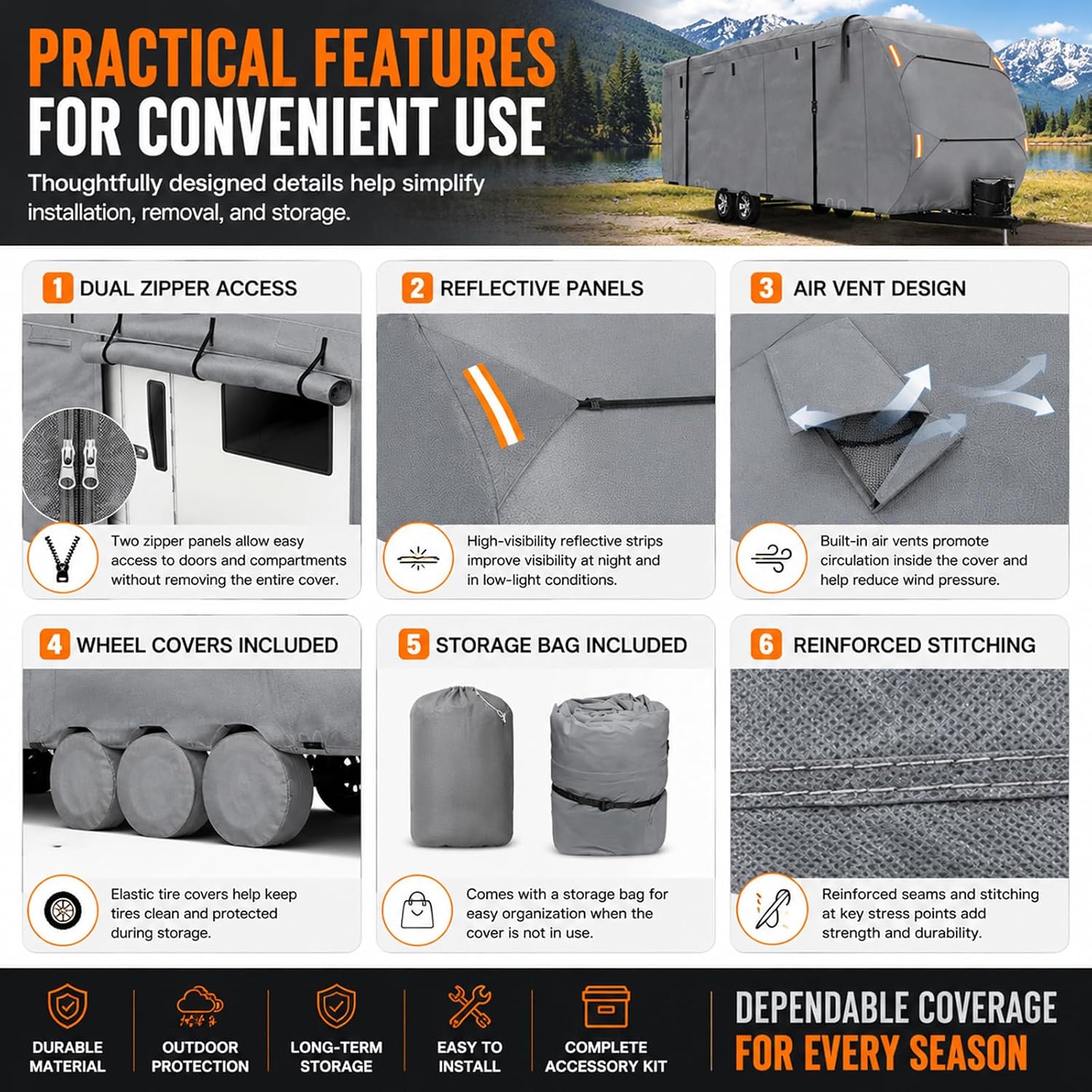 Heavy Duty RV Cover for Dutchmen Kodiak Cub 199RKSL 2020-2025, Water Resistant Travel Trailer RV Cover with Zipper Access Panels, Travel Trailer Cover for Outdoor Seasonal Storage