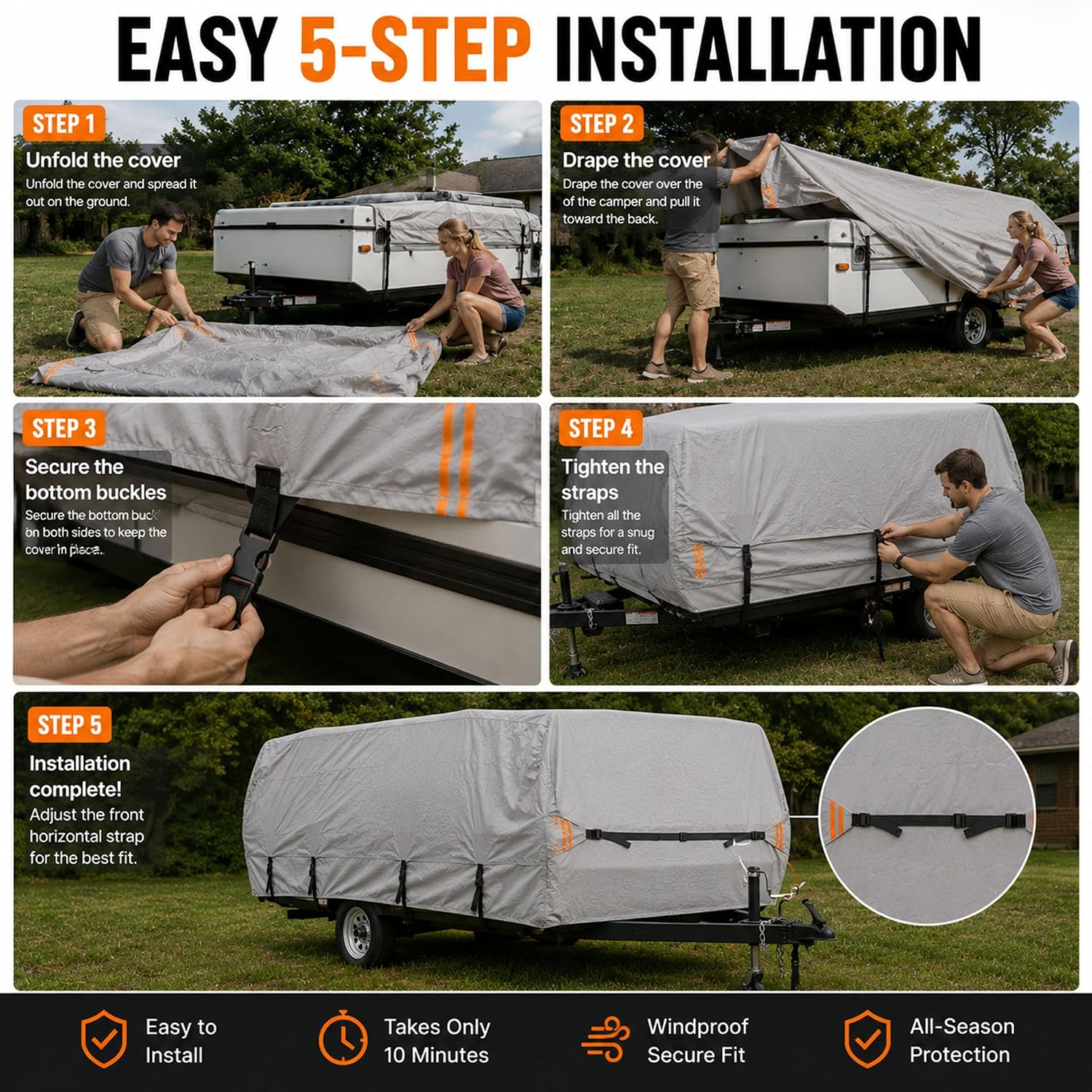 Pop Up Camper Cover for Fleetwood Coleman Cheyenne 2006-2011 | Folding Camping Trailer 420D Oxford Fabric Camper Cover Windproof Straps All Season Storage Protection