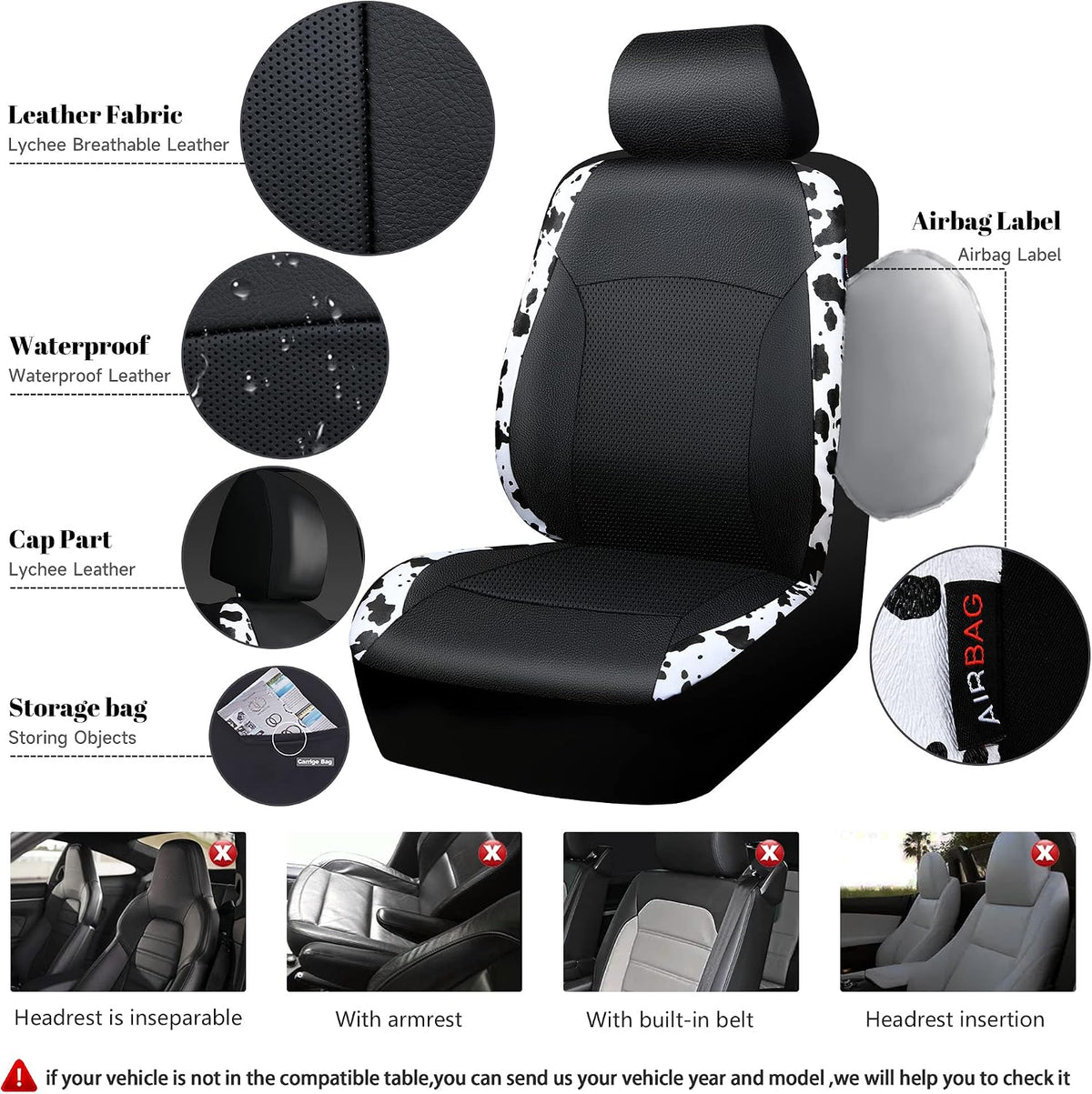 car-pass cow print car accessories sets faux leather showing dimensions