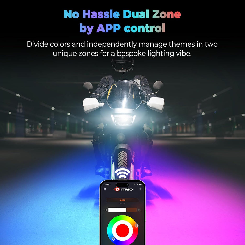 12PCS Motorcycle Led Underglow Kit with Brake Turn Signal, Motorcycle RGB Lights with DITRIO APP/RF Remote Control, Dual Zone,12V Waterproof Pixelglow Effects for Motorcycles, Golf Carts,UTVs, Boats