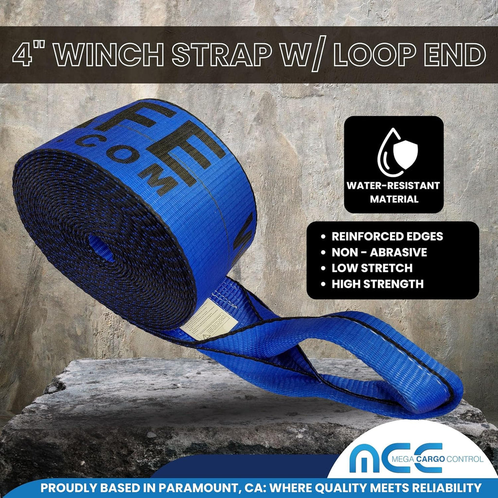 Mega Cargo Control 4" Flatbed Winch Straps with Loop Ends - 5,400 Lbs WLL Heavy Duty Tie Downs (4 Pack) 30' Long Blue Webbing