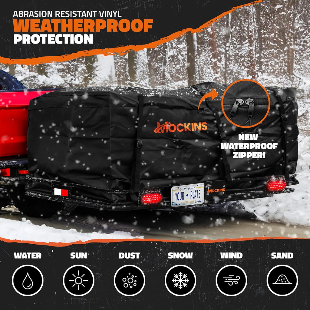 Mockins 72"x36"x6" XXL Folding Trailer Hitch Cargo Carrier w/ 500 Lbs Cap | W/ 50 CuFt Waterproof Cargo Bag for Hitch Carrier | Luggage Rack for SUV Car & Truck w/ Lights, License Plate Holder & More