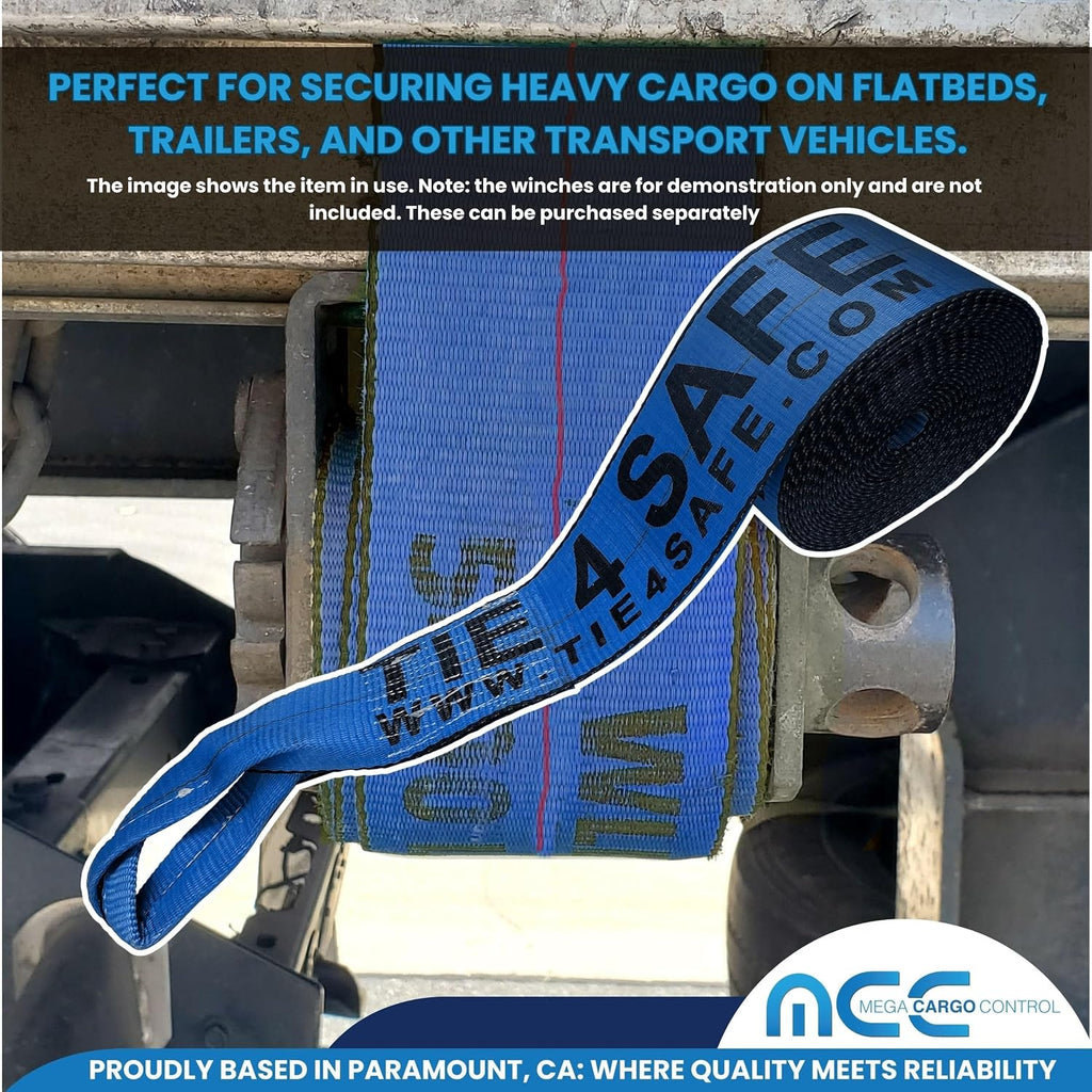 Mega Cargo Control 4" Flatbed Winch Straps with Loop Ends - 5,400 Lbs WLL Heavy Duty Tie Downs (4 Pack) 30' Long Blue Webbing