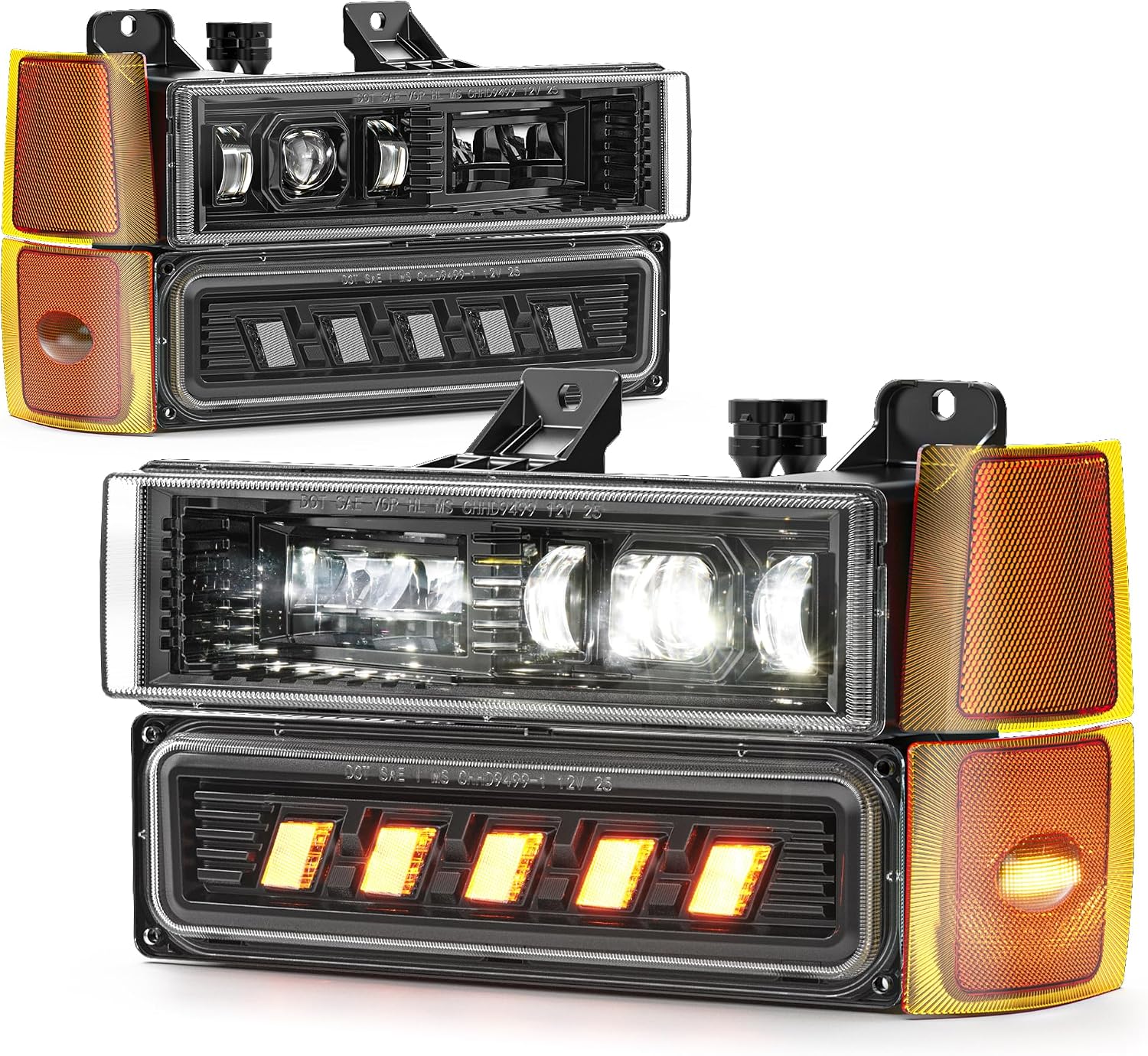 LED Headlights OEM Replacement Compatible with 1994-1999 Chevy Silverado C/K 1500 2500 3500 Tahoe Suburban C10, OBS Composite Headlights with Hi/Low Beam Turn Signal Bumper Corner Light Black Pair