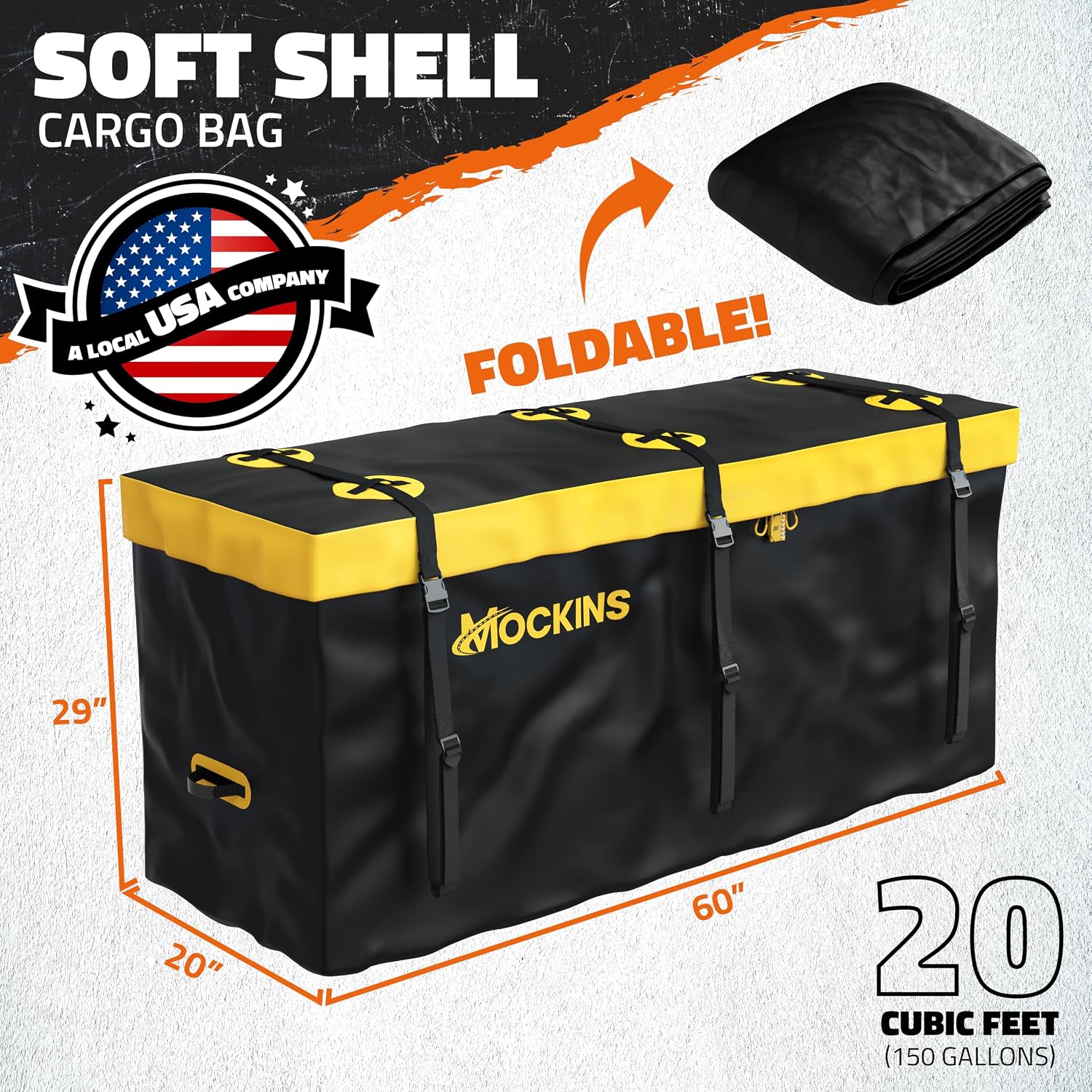 Mockins 20 CuFt Waterproof Cargo Bag for Hitch Carrier All-Weather 500D PVC | 60"x20"x29" Trailer Hitch Cargo Carrier Bag | Truck Bed Storage w/ Straps, Lock & Bag | Rugged Vehicle Soft-Shell Carriers
