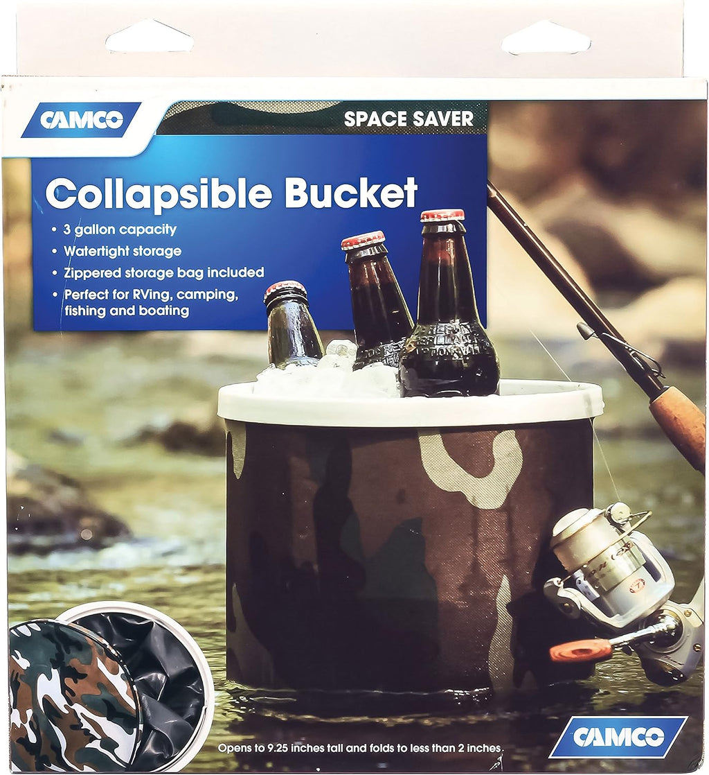 Camco Collapsible Bucket with Storage Case - Durable Pop Up Bucket with Watertight Fabric, Holds 3 Gallons of Water - Great for RVs, Camping, Fishing, Boating, Hiking and More - Camouflage (42994)