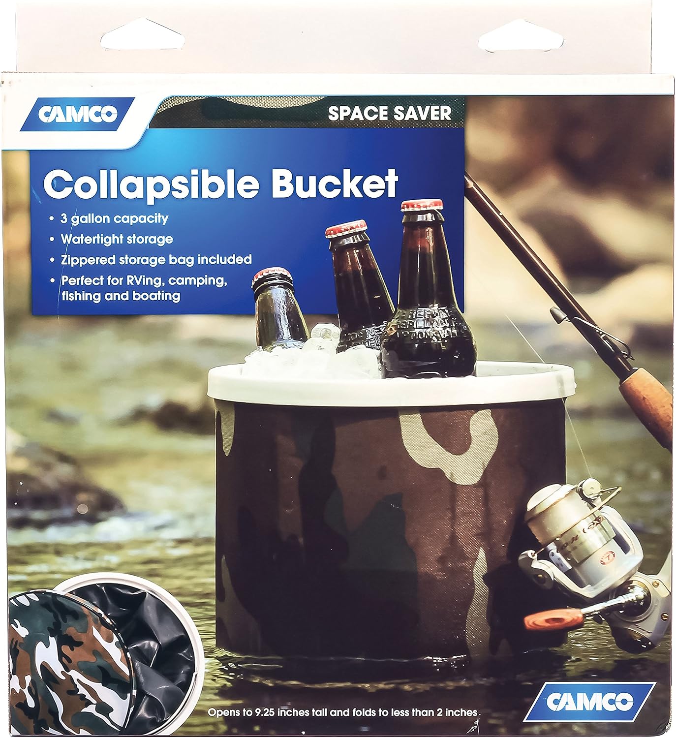 Camco Collapsible Bucket with Storage Case - Durable Pop Up Bucket with Watertight Fabric, Holds 3 Gallons of Water - Great for RVs, Camping, Fishing, Boating, Hiking and More - Camouflage (42994)