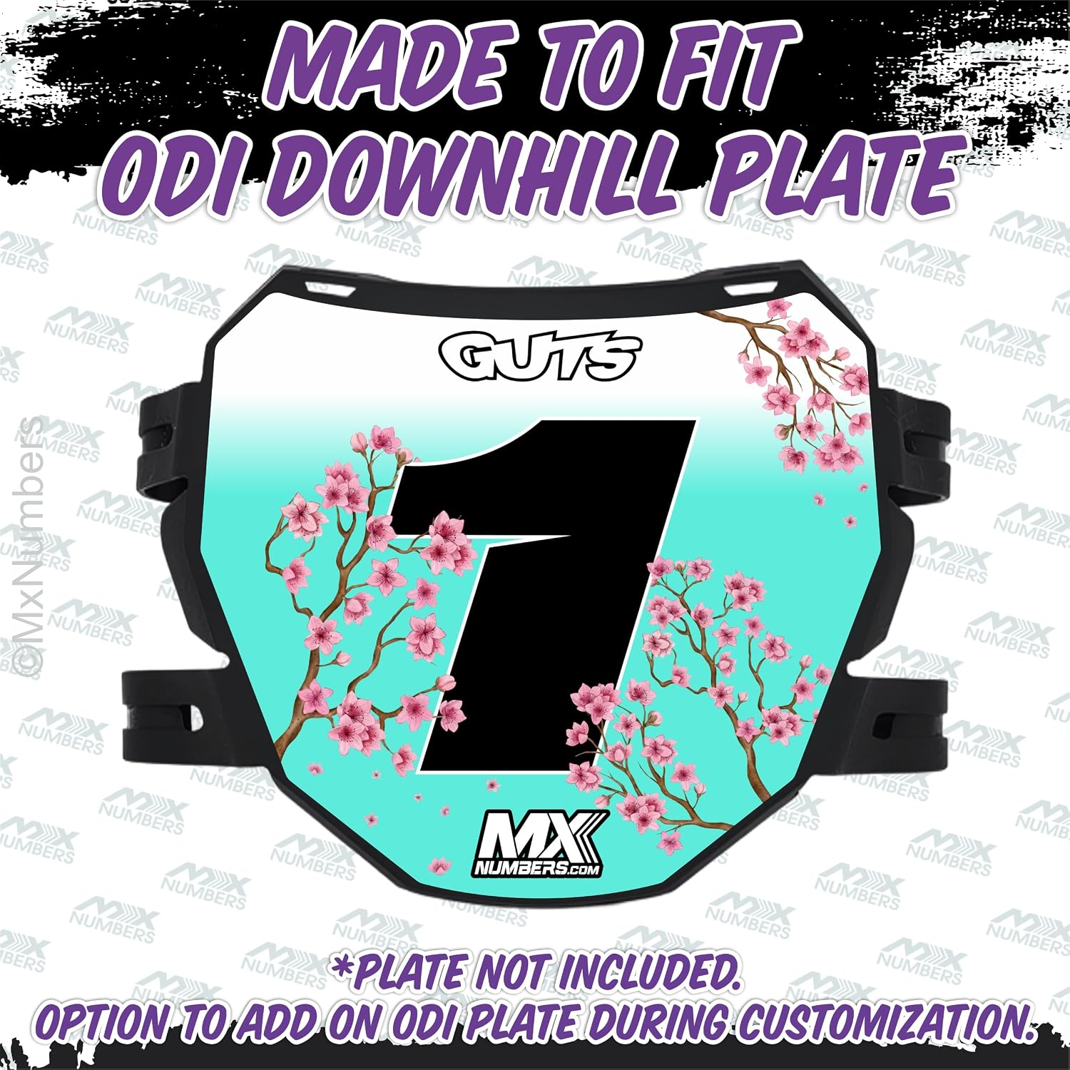 MxNumbers- Custom ODI Downhill Plate Decal, Personalized Name Number and Colors, Race Graphics for Mountain and Electric Bikes, Uncanned Energy Design Series (Sakura Cherry Blossom)