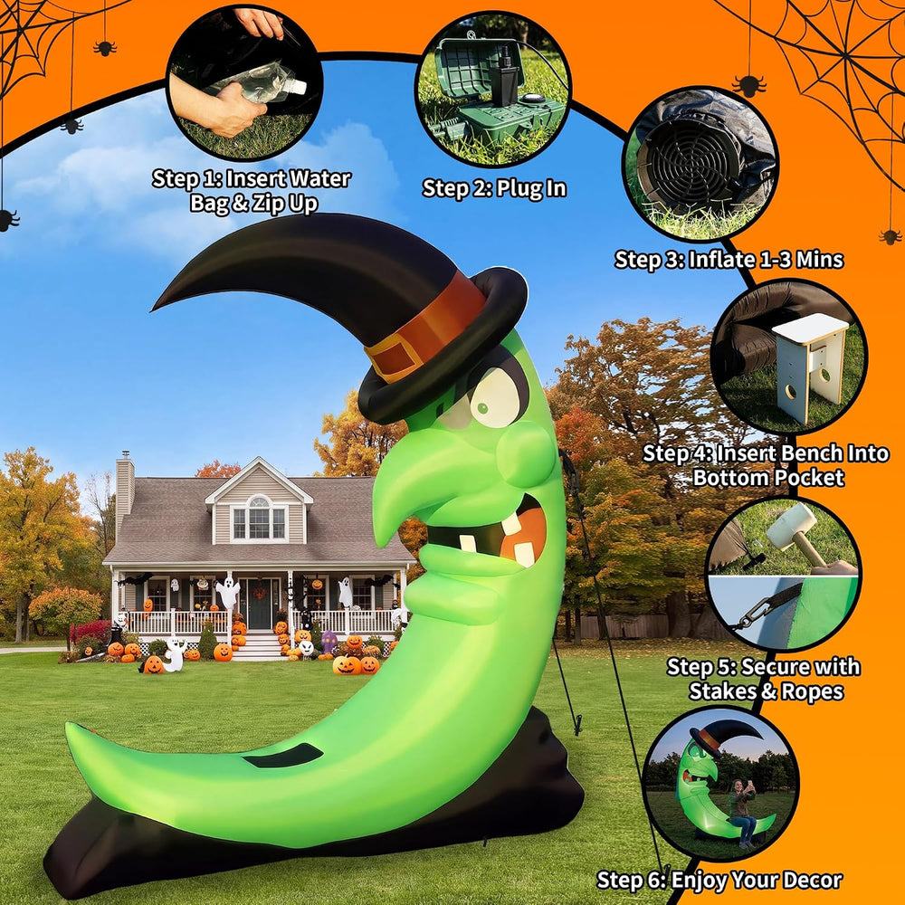 Giant Green 8.9 FT Halloween Inflatables Witch Moon Outdoor Decorations