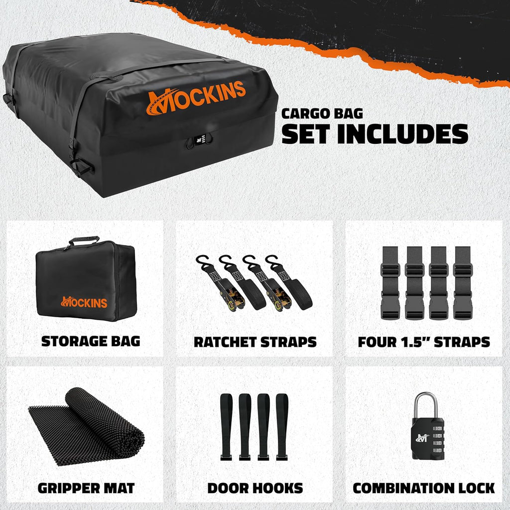 Mockins 25 CuFt Waterproof Rooftop Cargo Carrier Bag | 60"x43"x17" All-Weather 500D Soft-Shell Vinyl Car Top Carrier Without Roof Rack | Vehicle Soft-Shell Carriers with Roof Mat, Lock, Hooks & Straps