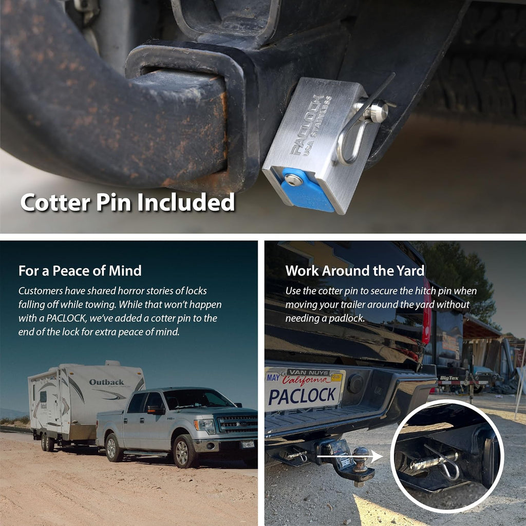 PACLOCK's 80-Series Trailer Hitch Lock, UCS, 250" Pin for 2-1/2" Receivers, High Performance 6-Pin Cylinder, One Lock Keyed to a Number U-Pick! w/ 2 Keys, Blue