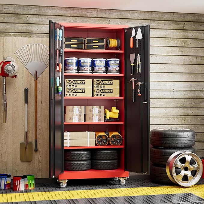 Garage Storage Cabinet with Pegboard and 5 Adjustable Shelves, Tool Storage - Image 2