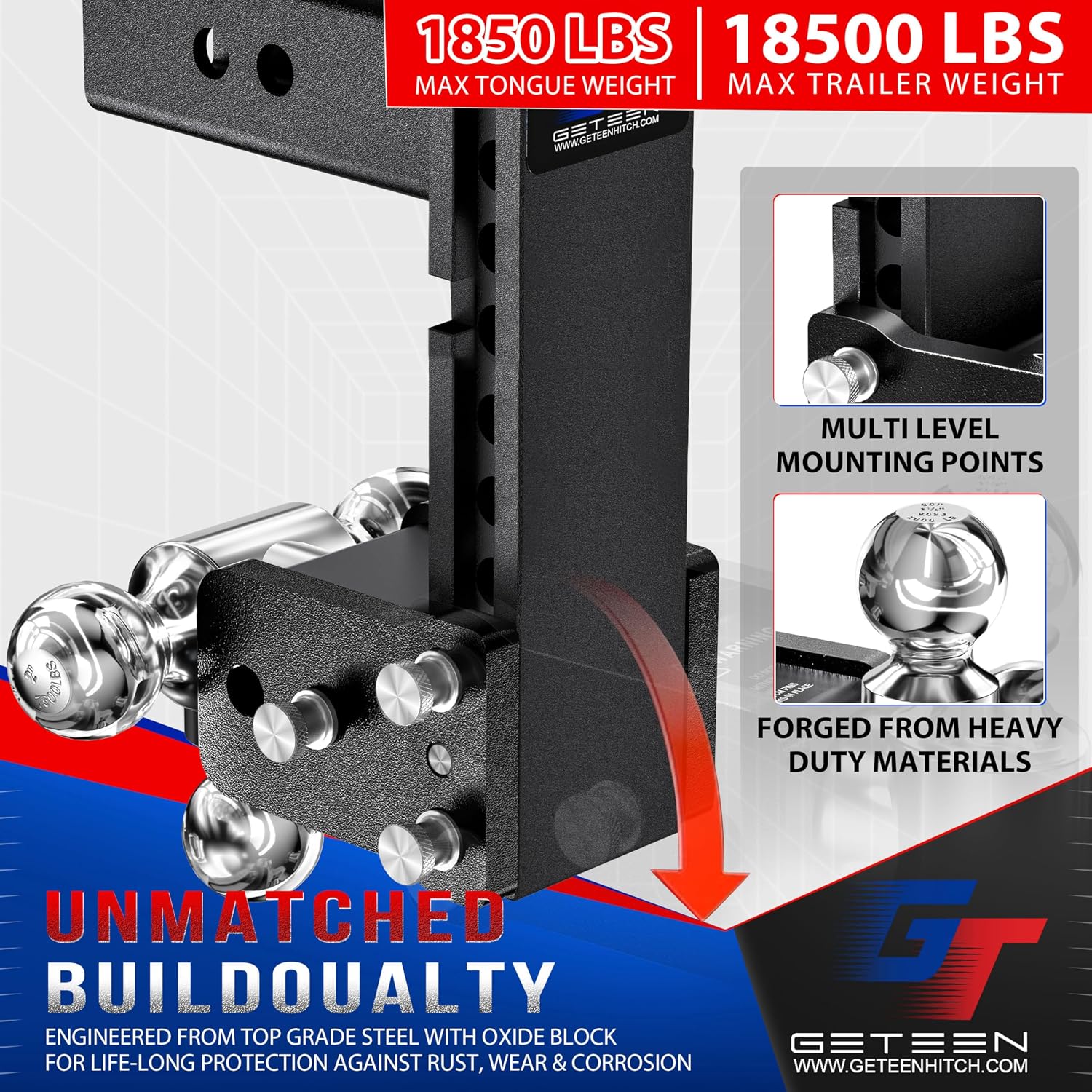 Geteen Adjustable Trailer Hitch Ball Mount 7" Drop 2" Receiver Tri-Ball | Flips & Hides Under Bumper, 10K GTW Multi-Ball Adjustable Drop Hitch