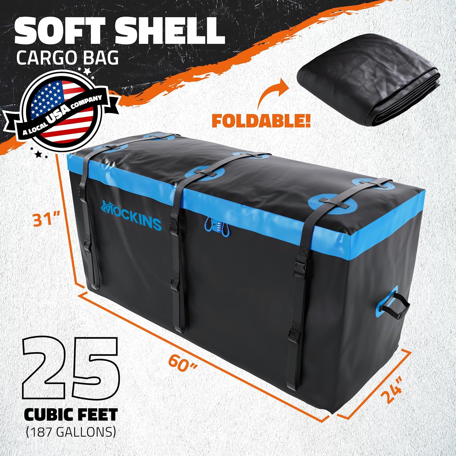 Mockins 25 Cu Ft Large Weatherproof Trailer Hitch Cargo Carrier Bag Set | 60"x24"x31" Waterproof Cargo Bag for Hitch Carrier & Truck Bed | Vinyl Vehicle Soft-Shell Carriers w/ Straps, Lock & Case