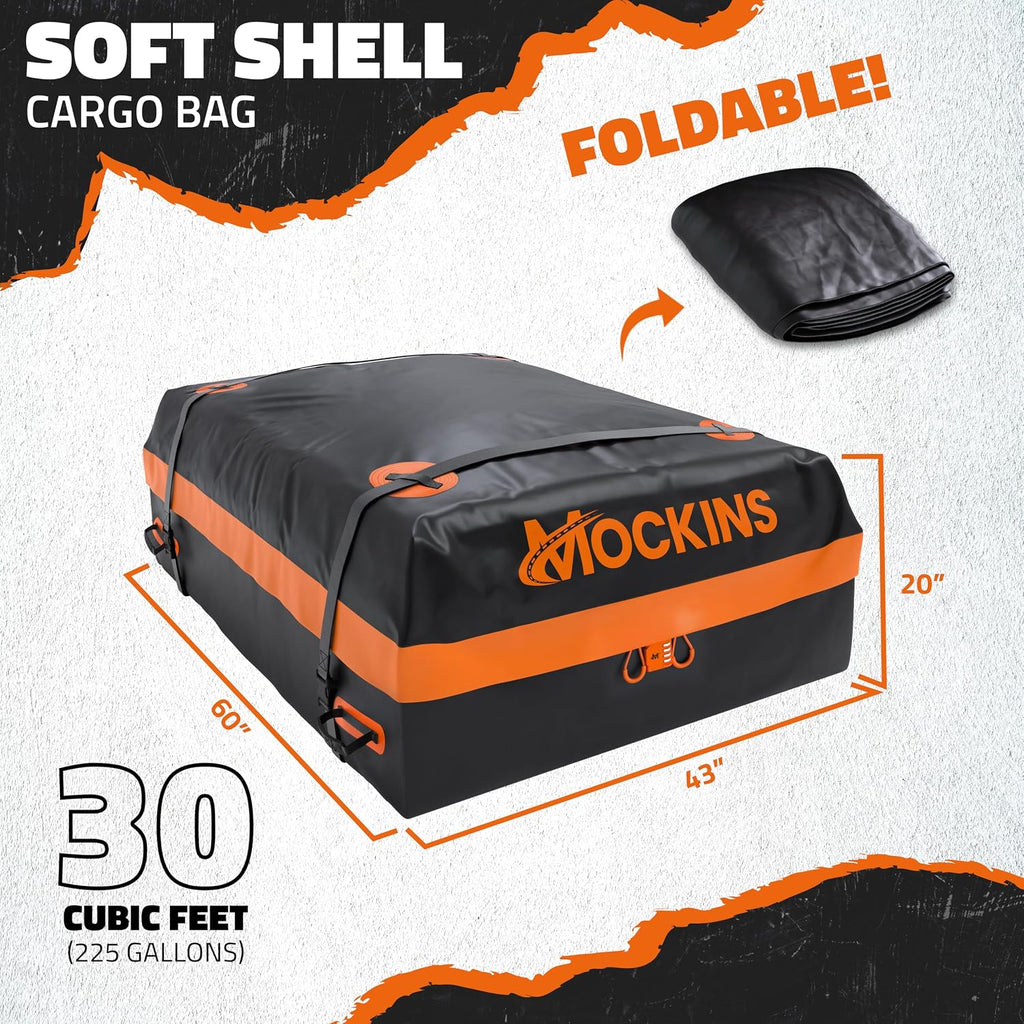 Mockins 30 Cu.Ft. All-Weather Rooftop Cargo Carrier Bag | 60"x43"x20" Soft-Shell Vinyl Roof Cargo Bag for Top of Car, SUV, Truck & Large Vehicles with Accessories | Car Top Carrier Without Roof Rack