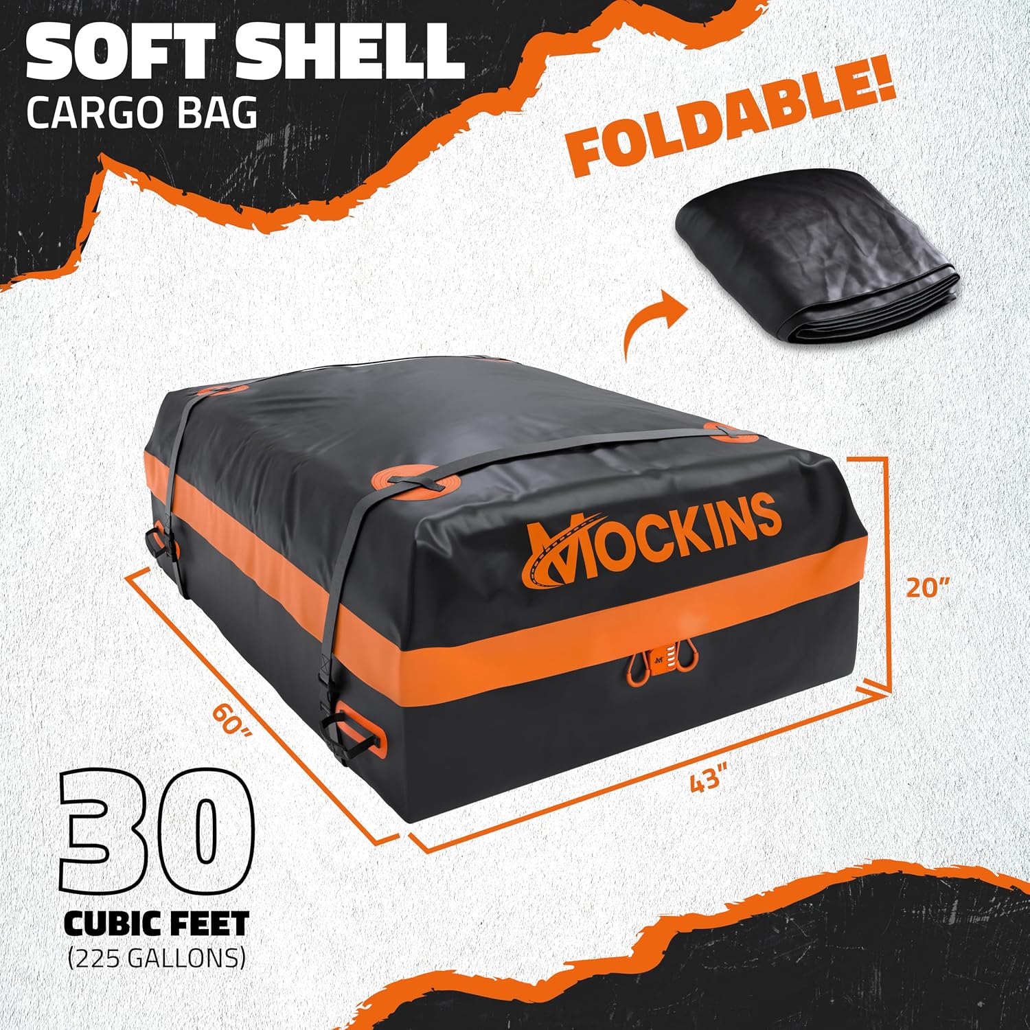 Mockins 30 Cu.Ft. All-Weather Rooftop Cargo Carrier Bag | 60"x43"x20" Soft-Shell Vinyl Roof Cargo Bag for Top of Car, SUV, Truck & Large Vehicles with Accessories | Car Top Carrier Without Roof Rack