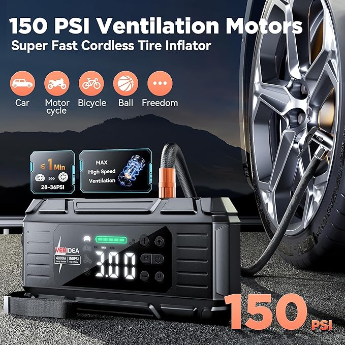 Jump Starter with Air Compressor: 4000A 150PSI Car Battery Charger - 65W Tire - Image 3