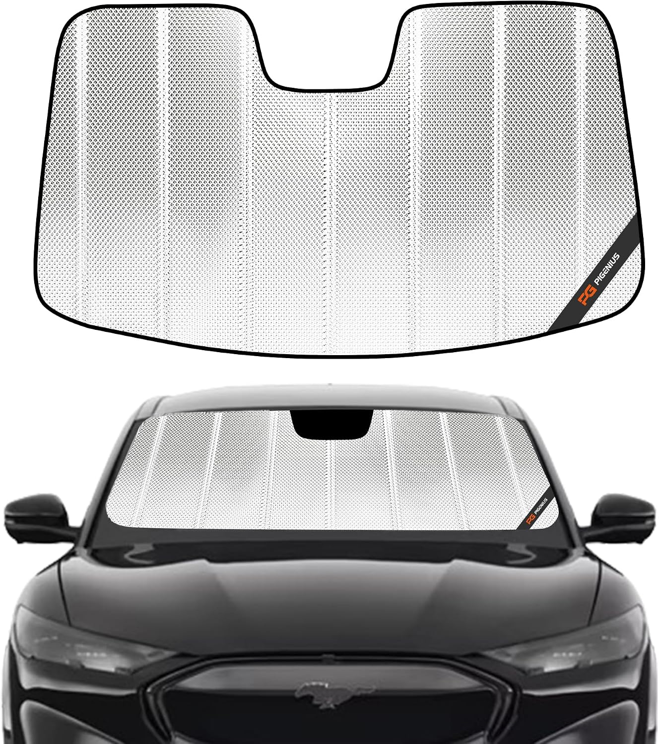 Pigenius Windshield Sun Shade for Ford Mustang Mach-E 2021-2025. Reflective Aluminum Film Front Window Sunshade - BLAZBLOCK