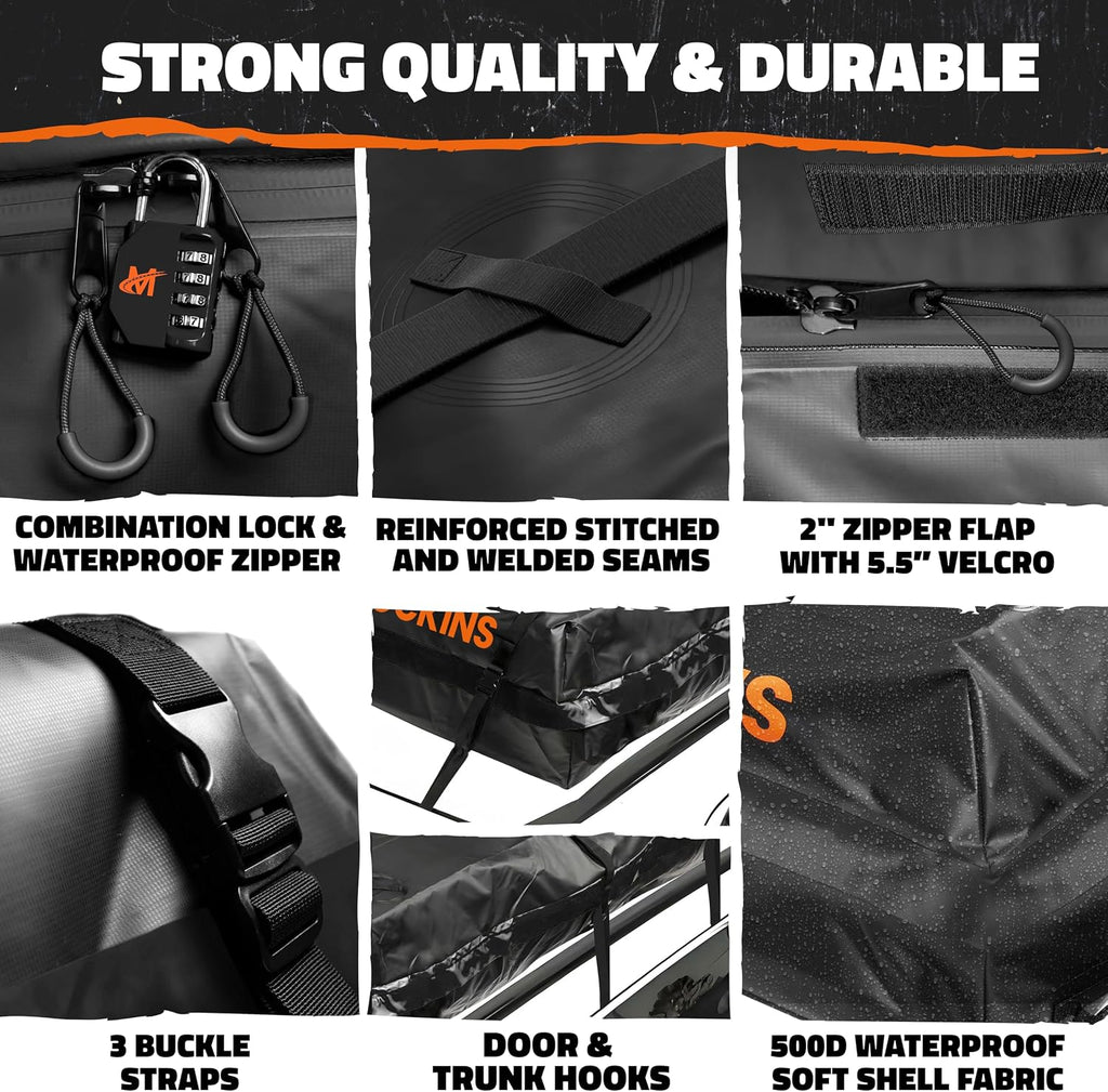 Mockins XXL 50 CuFt Heavy Duty Car Rooftop Cargo Carrier Bag 85"x50"x20" | Massive Car Luggage Roof Carrier Bag | All-Weather 840D Vinyl Vehicle Soft-Shell Carriers with Mat, Lock, Straps & Hooks