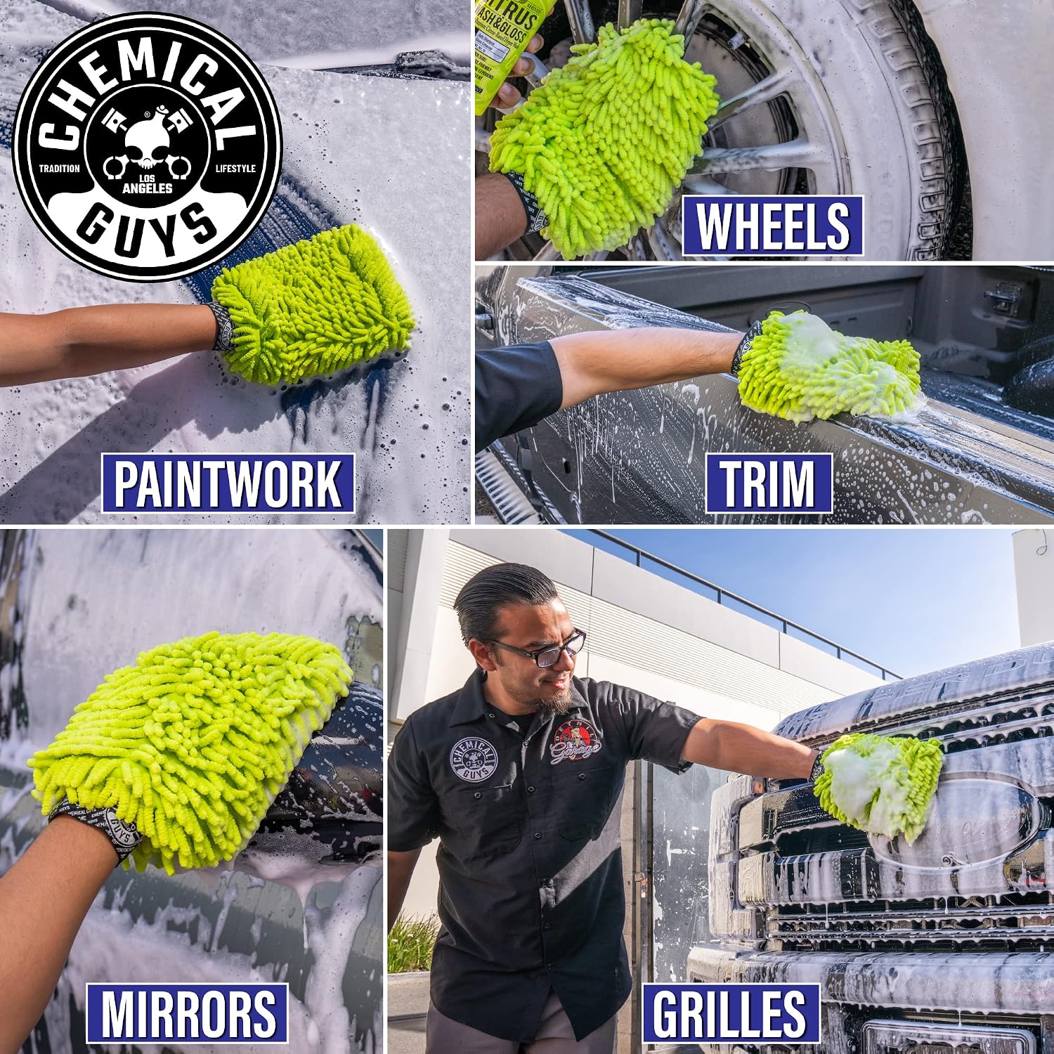 Chemical Guys Chenille Premium Scratch-Free Microfiber Wash Mitt for Car Washing - Lime Green, Ultra-Soft Car Wash Glove, Swirl-Free Finish, Safe for Trucks, SUVs, Motorcycles, and More