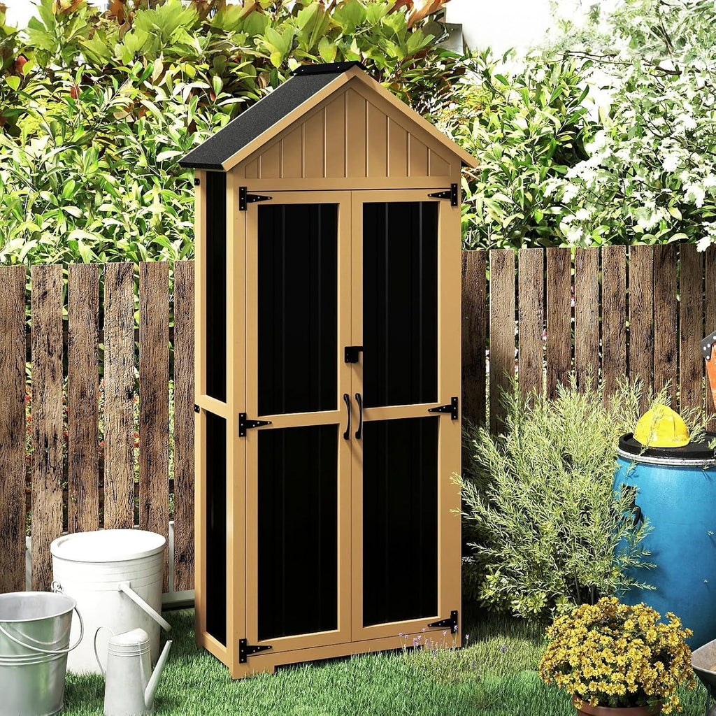 Outdoor Storage Cabinet with Shelf, Wood & Metal Storage Shed with Lockable