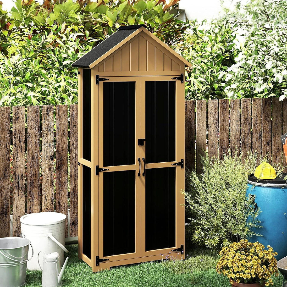 Outdoor Storage Cabinet with Shelf, Wood & Metal Storage Shed with Lockable