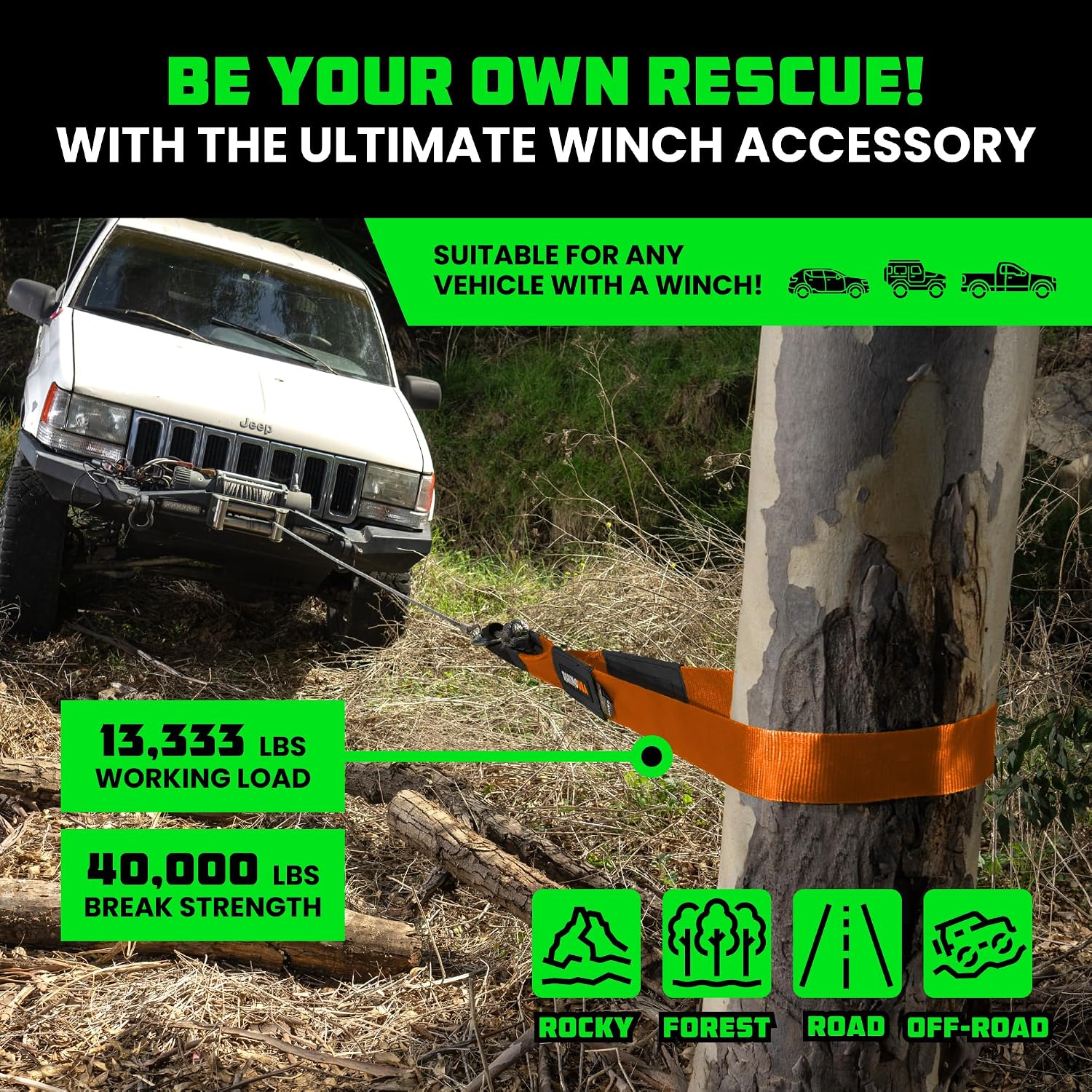 Rhino USA Tree Saver Tow Strap (4"x10') - 40,320lb Break Strength - Emergency Recovery Strap Winch Extension for Truck, UTV, ATV & More - Heavy Duty Straps Compatible with Jeep, Ford, Toyota (Orange)