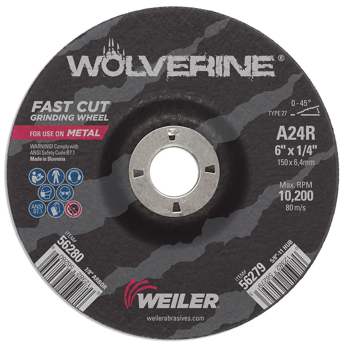 Weiler 56280 6" X 1/4" Wolverine Type 27 Grinding Wheel, A24R, 7/8" A.H. (Pack of 10)