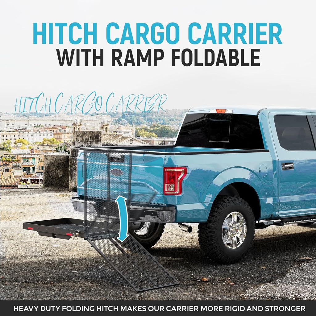 ECOTRIC 46.2 X 26.8 X 38.7 Inch Hitch Cargo Carrier W/Ramp Foldable 500 Lbs | Trailer Hitch Mount Steel Wheelchair Carrier Mobility Scooter Ramp 2" Hitch Receiver for Snow Blower SUV Truck Van Car