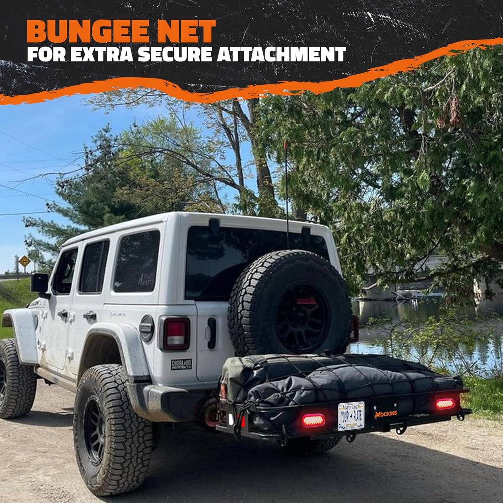 Mockins Trailer Hitch Cargo Carrier w/License Plate Holder & Rear Lights | 60"x20"x6" Heavy Duty 500 Lbs. Capacity Cargo Carrier Hitch Mount Basket | Folding Luggage Rack for SUV Car Truck & RV