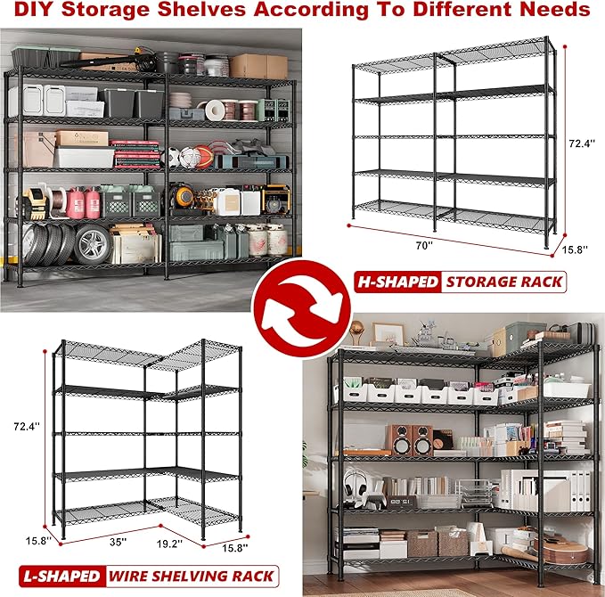 REIBII 70"W Storage Shelves Load 1600LBS, Metal Shelving 5-tier Wire Shelving - Image 7
