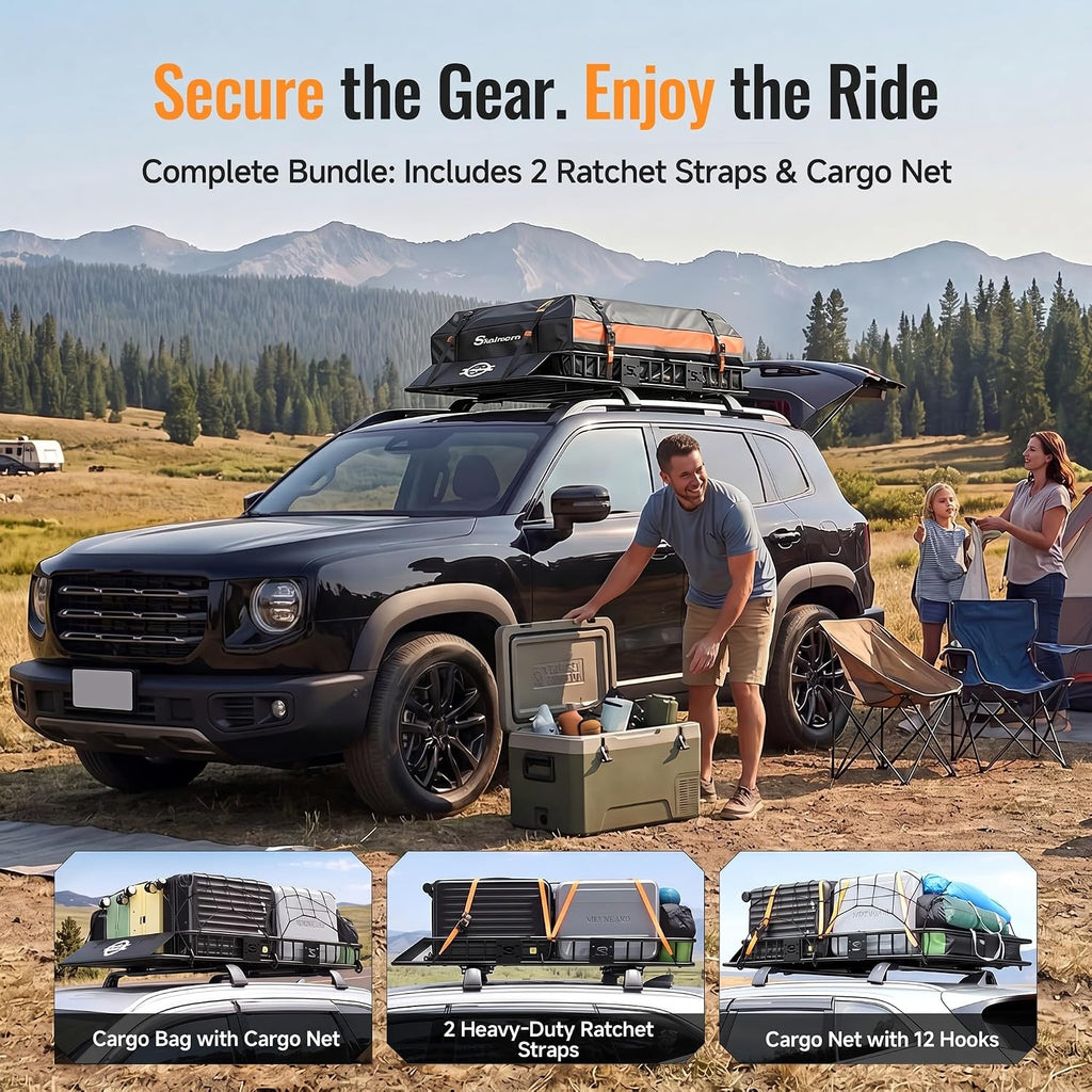 Sailnovo 51"x 36"x 5" Heavy Duty Roof Rack Cargo Basket with Extension, 200 LBS Universal Steel Rooftop Carrier with 15 Cu.Ft Waterproof Soft Bag+Lock+Net+2 Strap for SUV, Truck, RV, Pickup