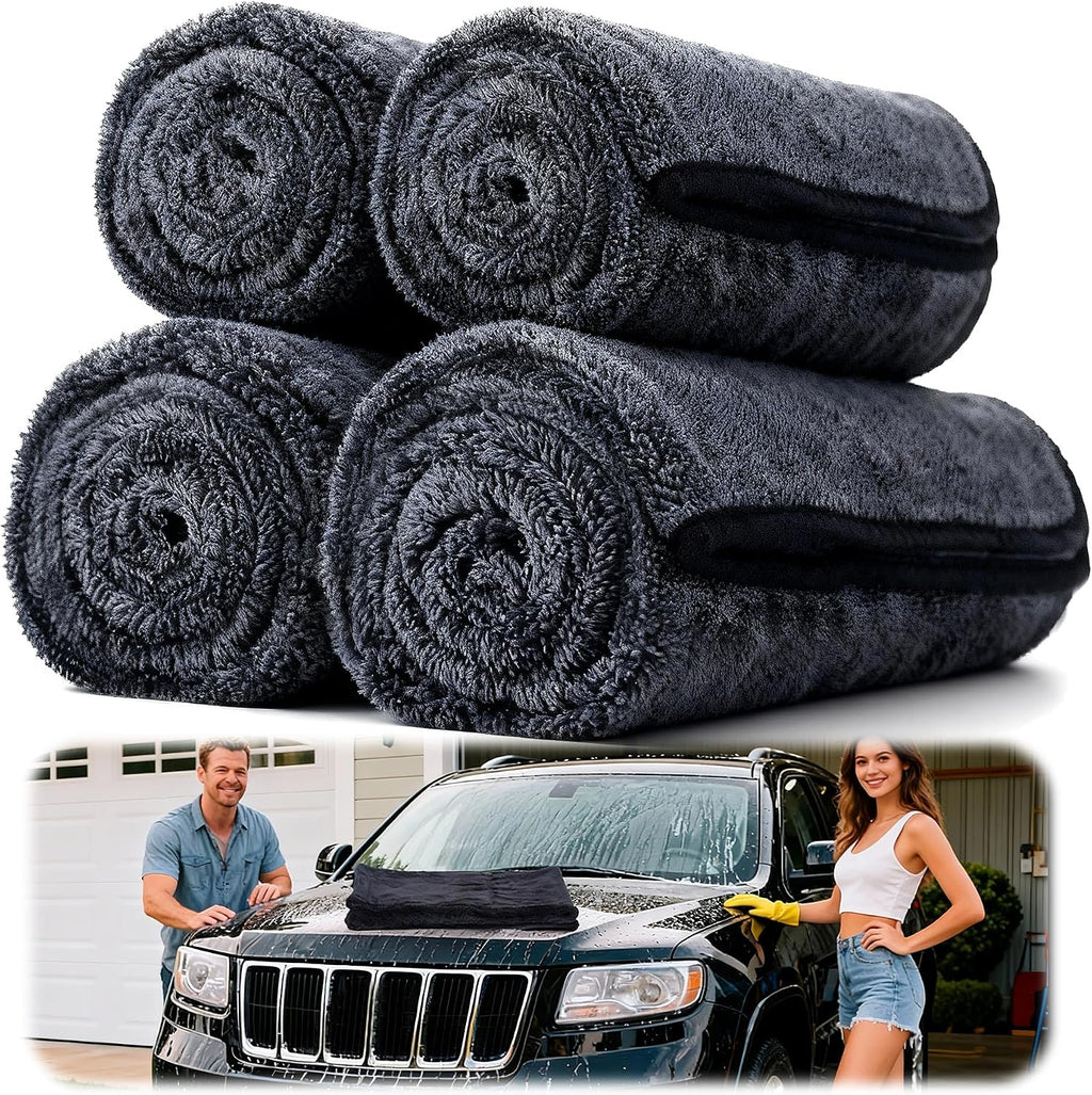 Aidoclip 4PCS Car Drying Towel Microfiber Detailing Kit - 36x24 in Car Towels Cleaning Supplies, Reusable Shammy Quick Dry Cloth for Carwash, for Auto, Boat, RV, Garage & Home (Black)